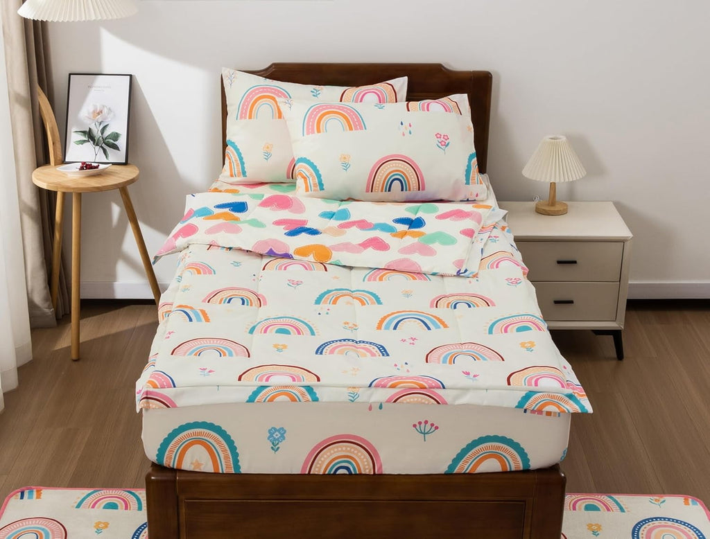Heavyweight Warmth 3-Piece Kids Comforter Set Twin Zipper Bedding for Girls, Rainbow Comforter with Flower Pattern (Beige) - All-Season Down Alternative Comforter Insert Detail