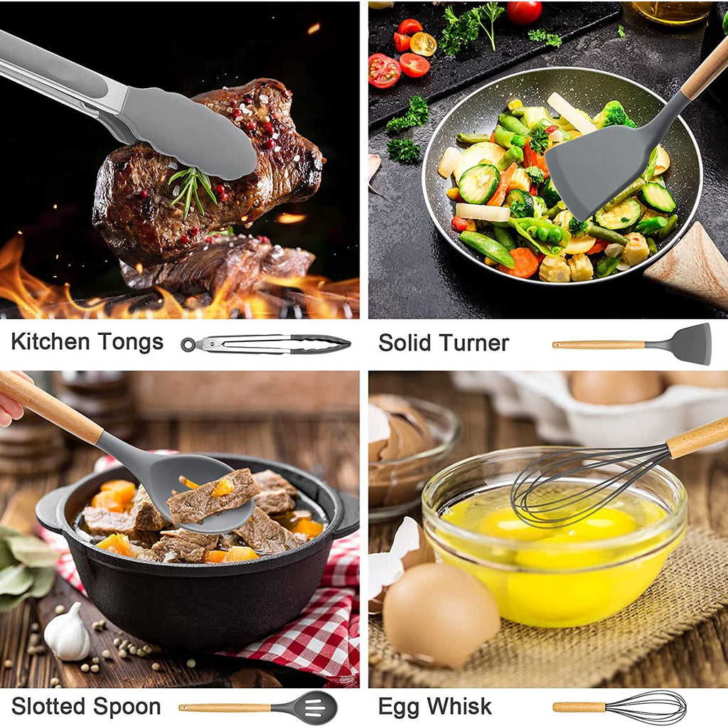 Non-Stick Safe Silicone Cooking Utensils Set, 446°F Heat Resistant Wooden Handle Cooking Kitchen Utensils Spatula Set with Holder fo... - Ergonomic Kitchen Tongs and Cooking Spoon Utensil Detail