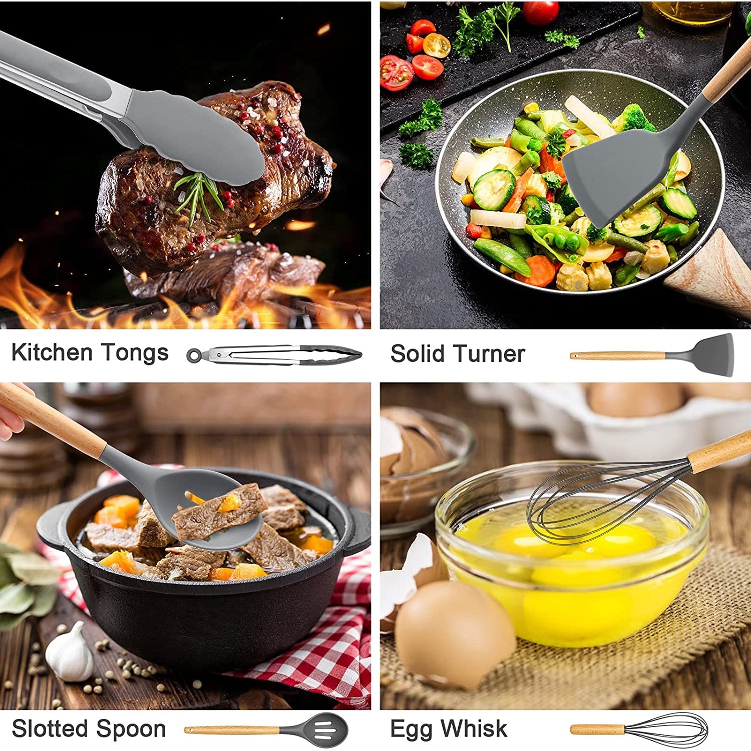 Durable Steel Silicone Cooking Utensils Set, 446°F Heat Resistant Wooden Handle Cooking Kitchen Utensils Spatula Set with Holder fo... - Multi-Purpose Hand Tool for Daily Meal Prep Detail