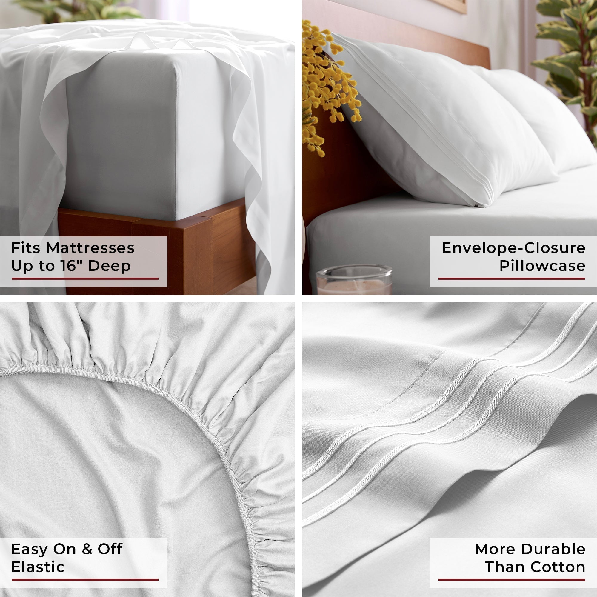 Ultra-Soft Iconic 6 Piece Bed Sheet Set Brushed Microfiber, Deep Pocket, Queen, White - Luxury Bed Sheet Set with Deep Pockets Detail