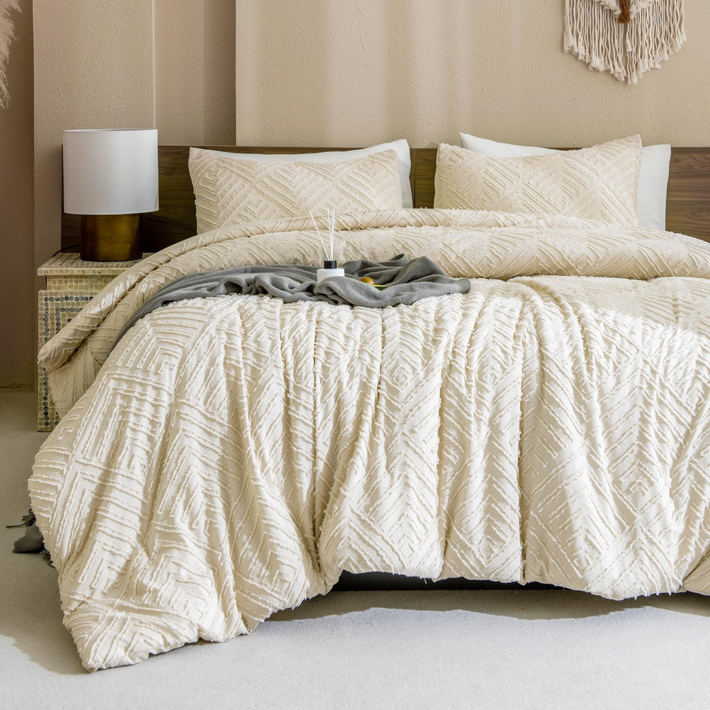 Fluffy Down Alternative King Size Comforter Sets Beige - 3 Pieces Cream Boho Bedding Comforter Set for King Bed - Soft Fluffy Tufted Textured... - Hypoallergenic Ultra-Fluffy Quilt for Winter Detail