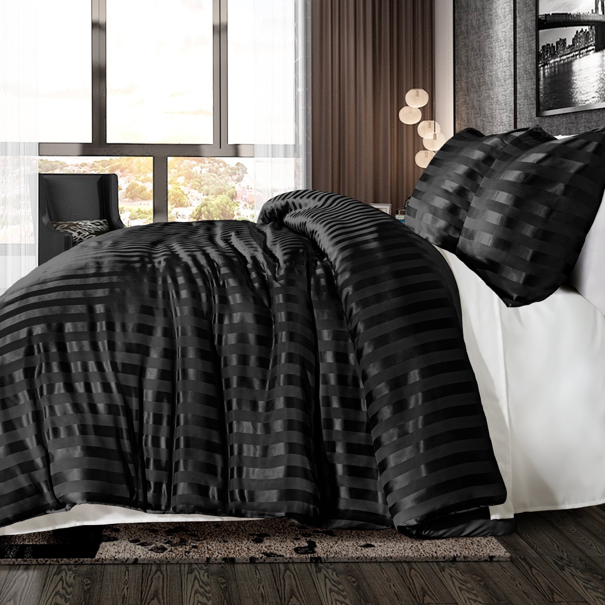 Fluffy Down Alternative 3-Piece Reversible Silky Soft King Size Comforter Set, Luxury Stripe Satin Oversized Comforter Bedding Set with 2 Sat... - All-Season Down Alternative Comforter Insert Detail