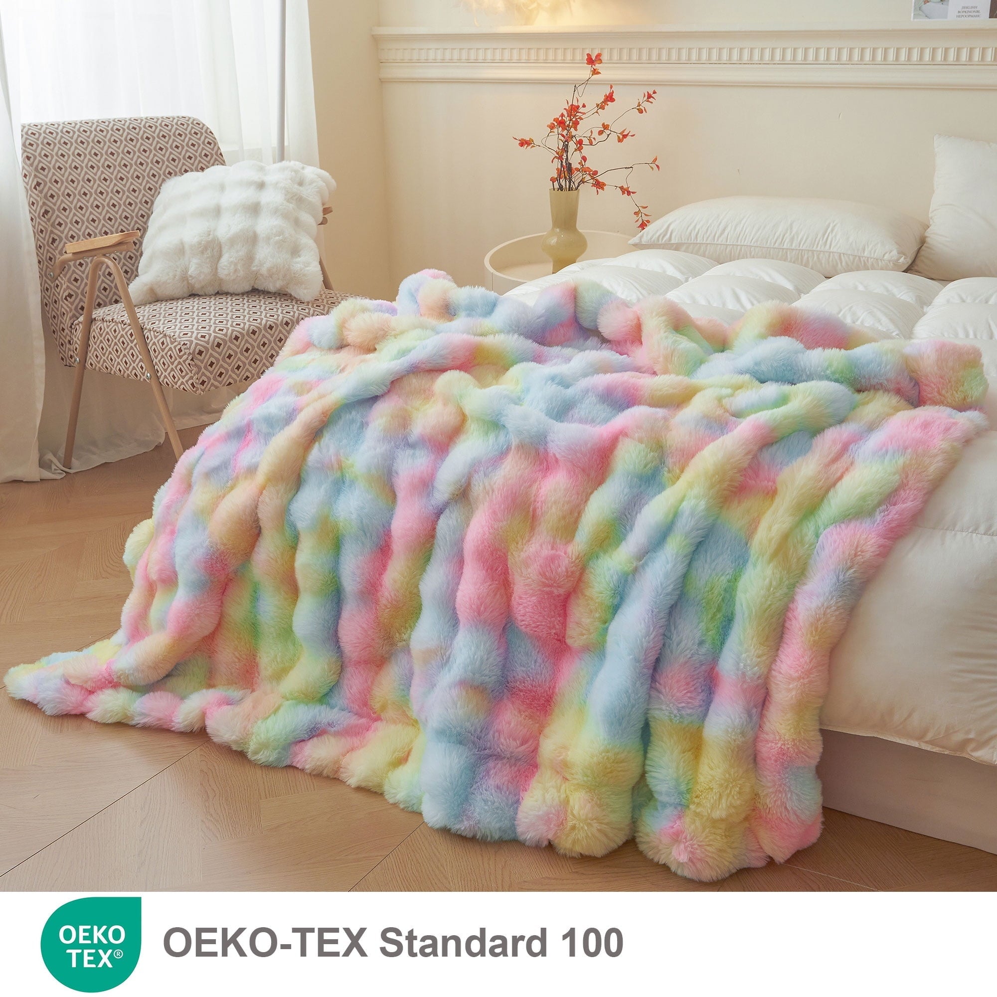 Super Soft Flannel Fluffy Faux Rabbit Fur Bubble Throw, Rainbow Plush Shaggy Blanket for Couch Sofa Chair, Soft Tie Dye Furry Blanket Ad... - Lightweight Plush Warm Blanket for All Seasons Detail