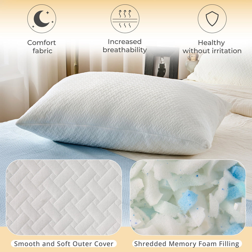 Ergonomic Memory Foam 2 Pack Bed Pillow, Shredded Gel Memory Foam Pillow, Standard Queen, Medium, Made in USA - Orthopedic Shredded Foam Bed Pillow Set Detail