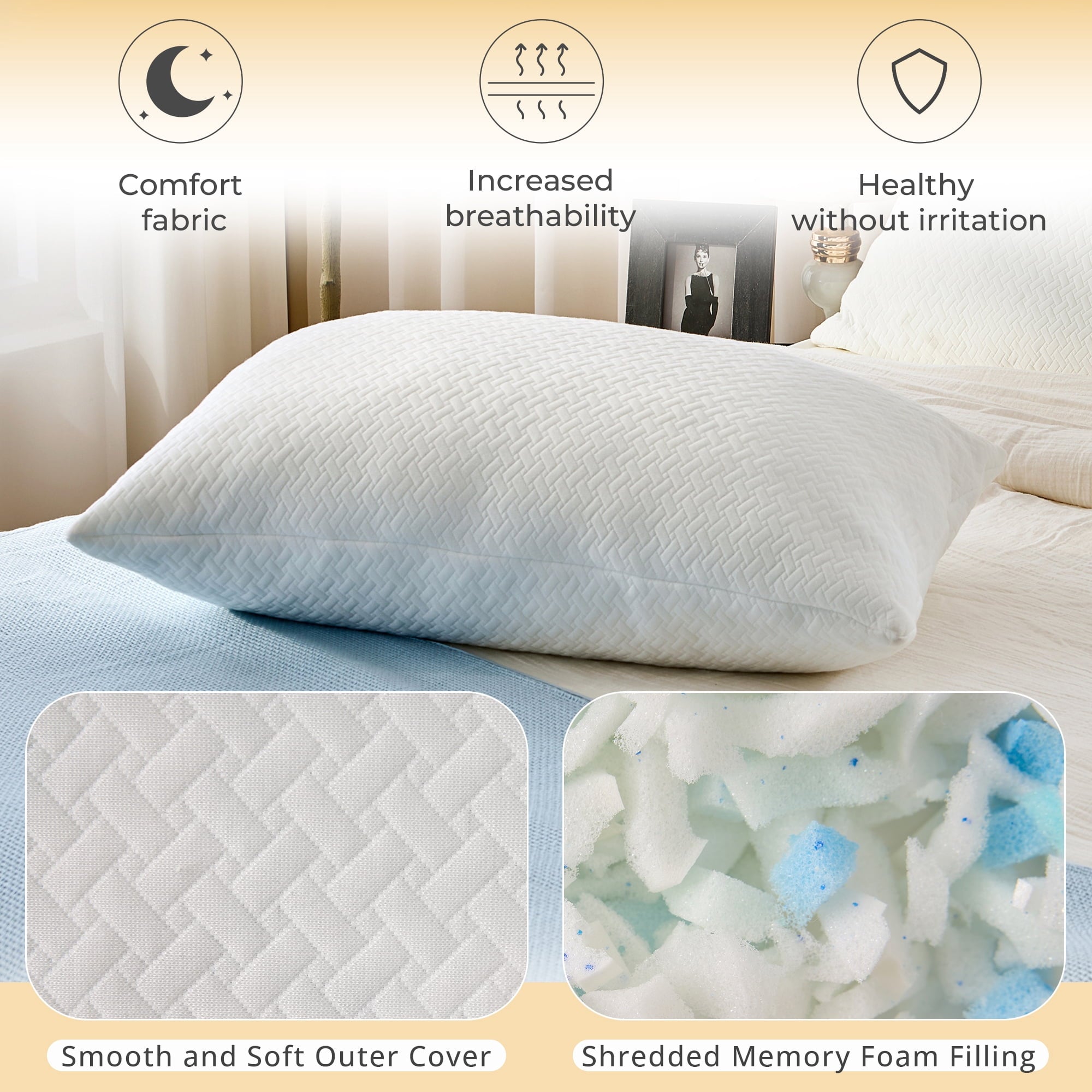Ergonomic Memory Foam 2 Pack Bed Pillow, Shredded Gel Memory Foam Pillow, Standard Queen, Medium, Made in USA - Orthopedic Shredded Foam Bed Pillow Set Detail