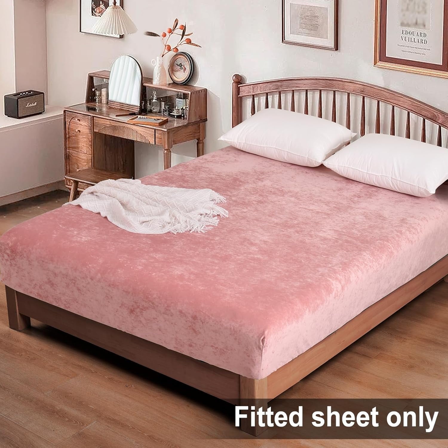 Premium Egyptian Cotton Truly Velvet Fitted Sheet Twin Size, Luxury Super Soft Flannel Bottom Sheet with 15" Deep Pocket for Winter, Pink - Breathable Egyptian Cotton Flat & Fitted Sheets Detail