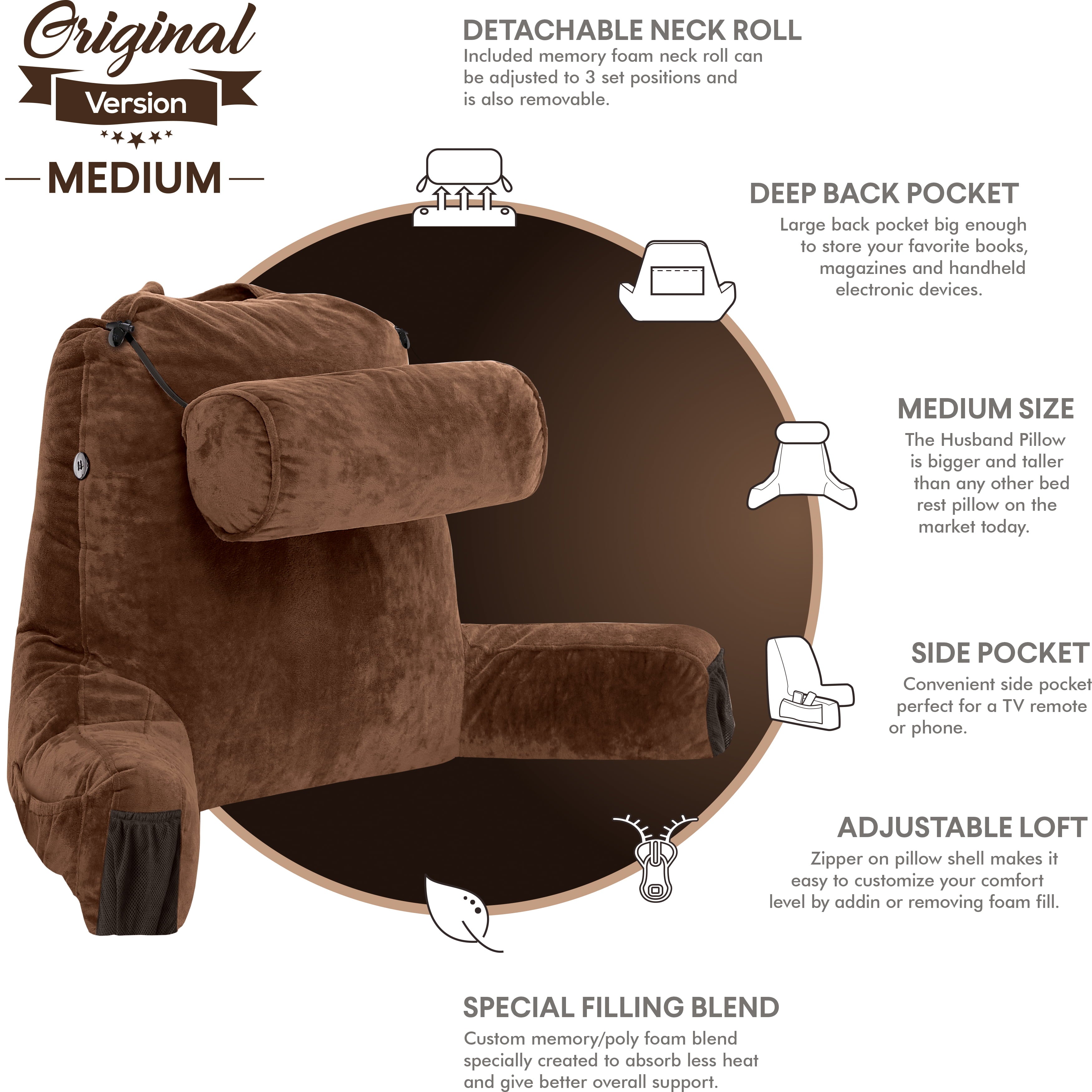 Decorative Plump Medium Chocolate Brown, Backrest - Detach Neck Roll, Removable Cover - Decorative Throw Pillow Cushion for Sofa & Bed Detail