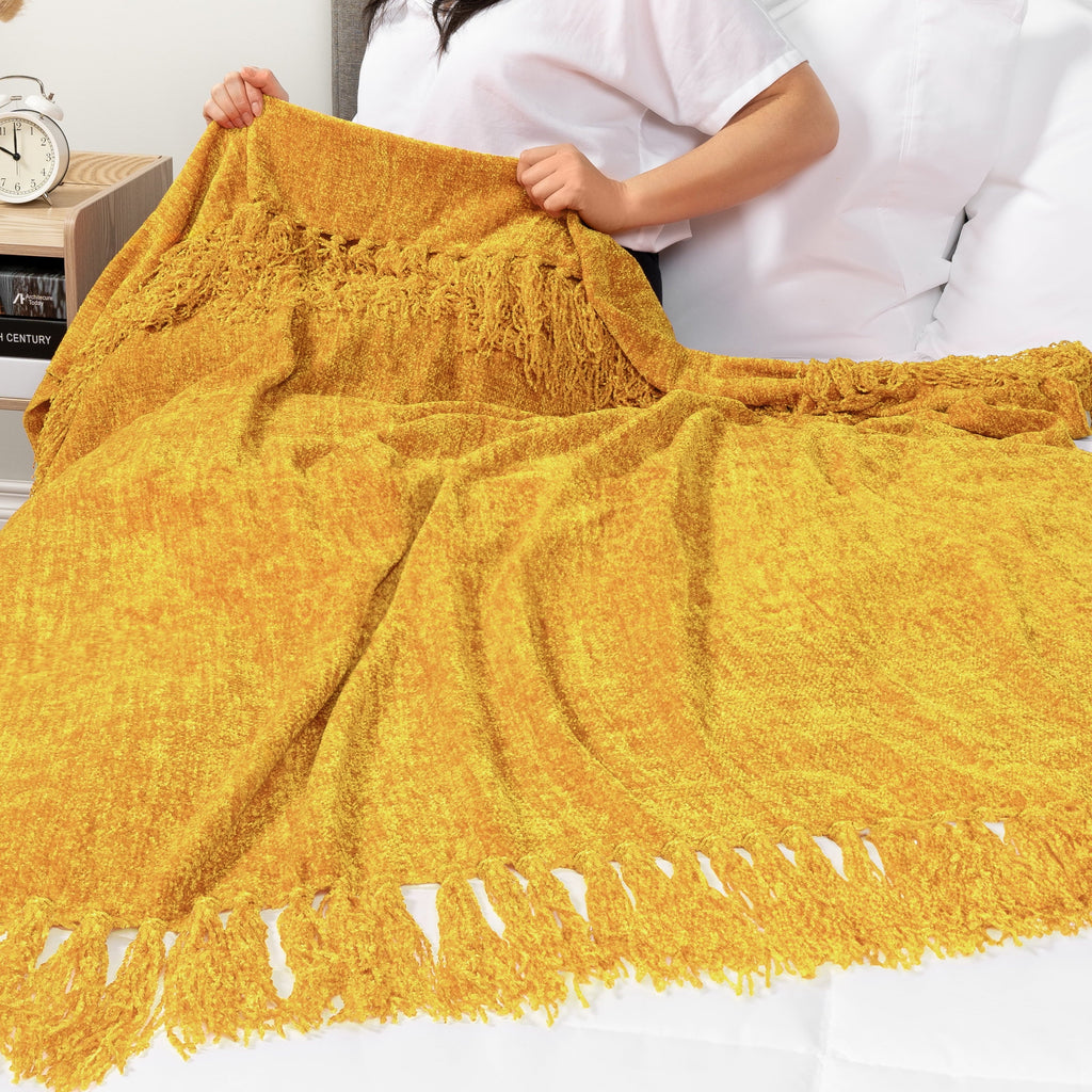 Lightweight Warm Mustard Yellow Chenille Throw Blanket for Couch, Soft Gold Knit Blanket with Tassel Fringe, Woven Chenille Knitted De... - Luxury Knitted Decorative Throw Blanket with Fringes Detail