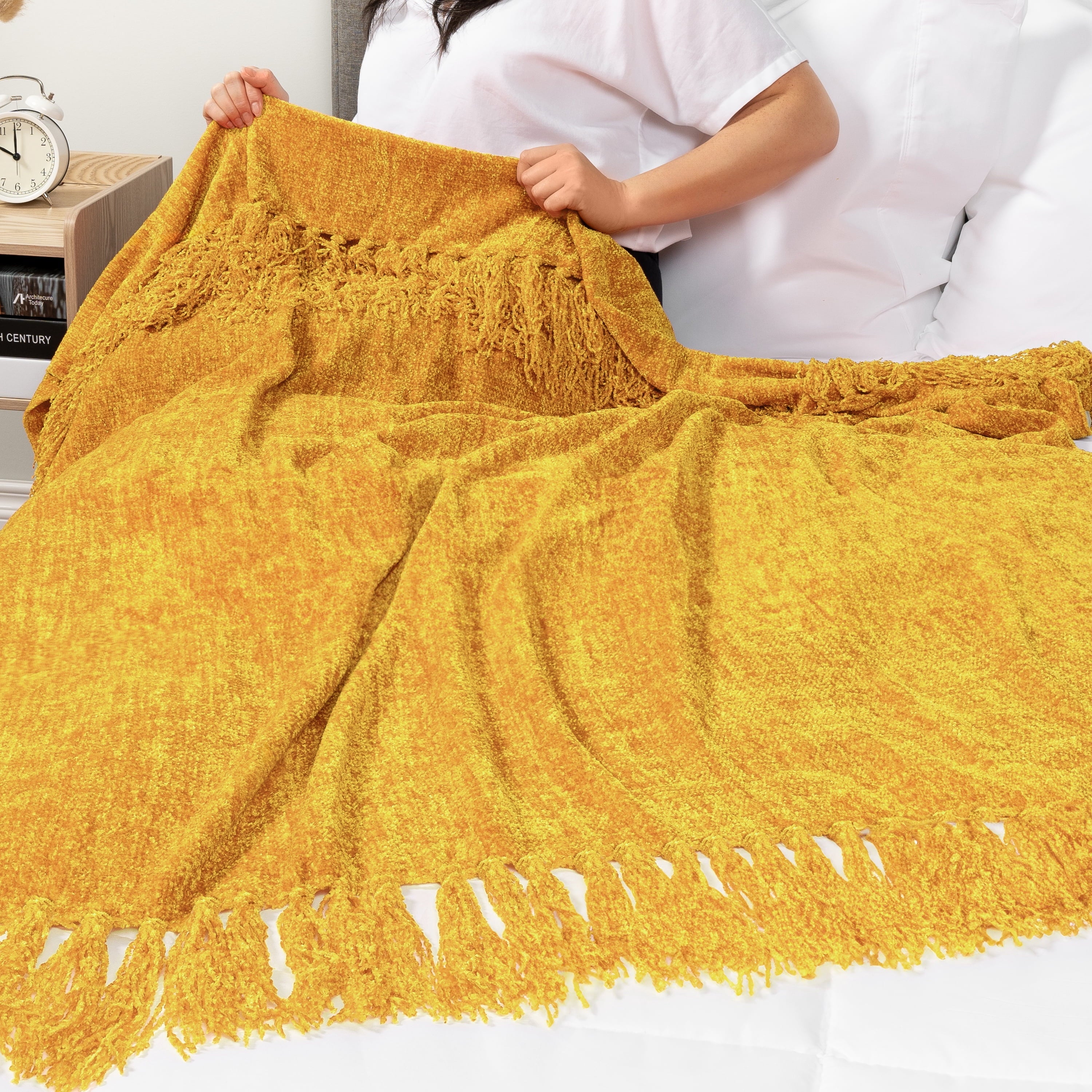 Lightweight Warm Mustard Yellow Chenille Throw Blanket for Couch, Soft Gold Knit Blanket with Tassel Fringe, Woven Chenille Knitted De... - Luxury Knitted Decorative Throw Blanket with Fringes Detail