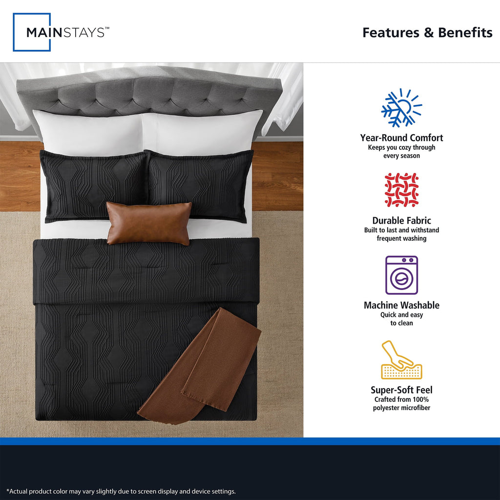 Heavyweight Warmth Full/Queen Comforter Set, All-Season, 5-Piece, Black Jacquard Geo - Hypoallergenic Ultra-Fluffy Quilt for Winter Detail