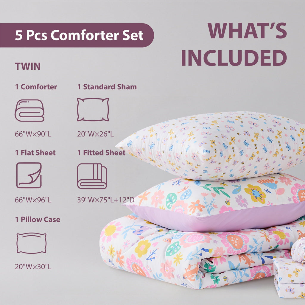 All-Season Floral Comforter Set, Soft Microfiber Flower Bedding Set, 5 Pieces with Comforter, Sheets and Pillowcases, Twin - Cloud-Like Soft Lightweight Bed Comforter Detail