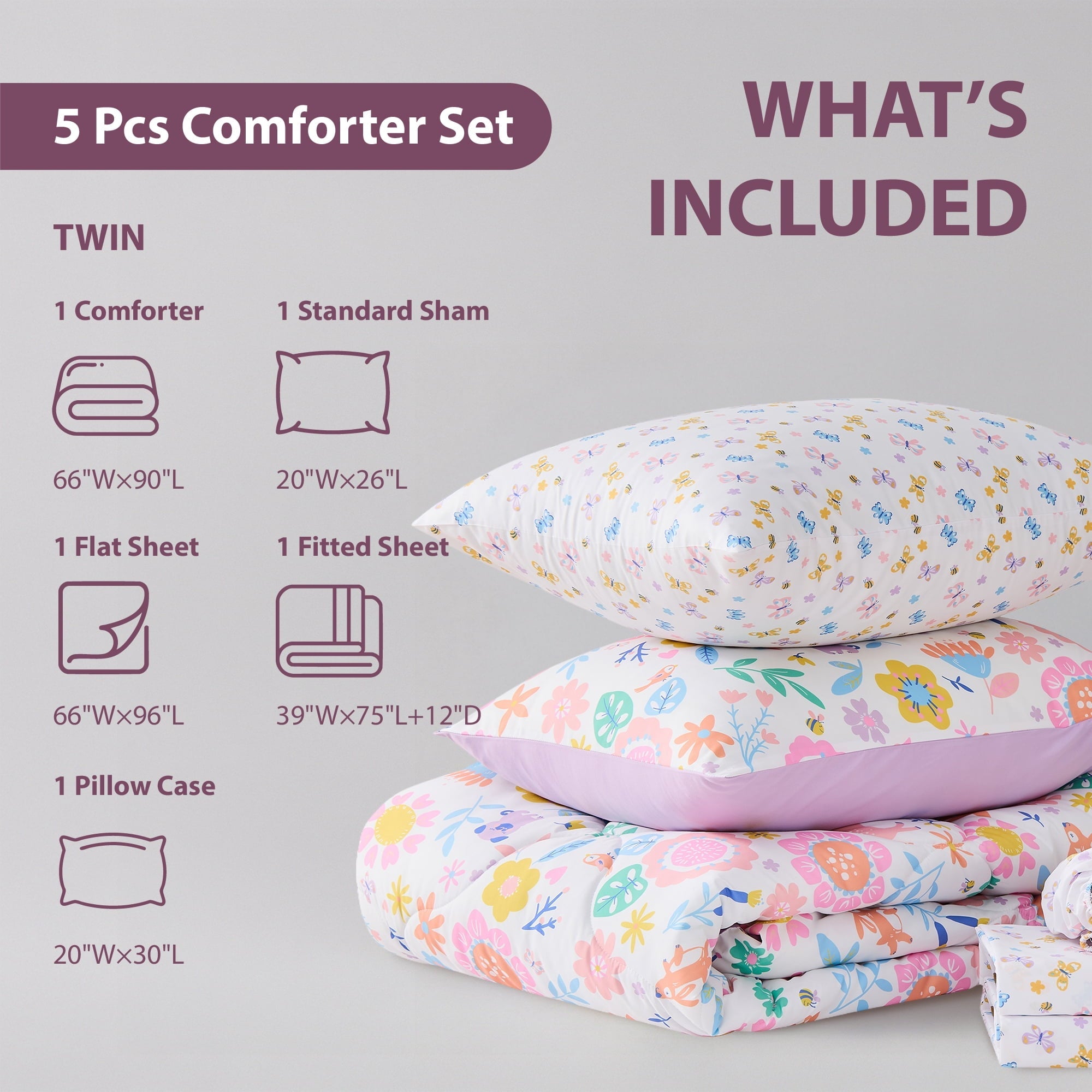 All-Season Floral Comforter Set, Soft Microfiber Flower Bedding Set, 5 Pieces with Comforter, Sheets and Pillowcases, Twin - Cloud-Like Soft Lightweight Bed Comforter Detail