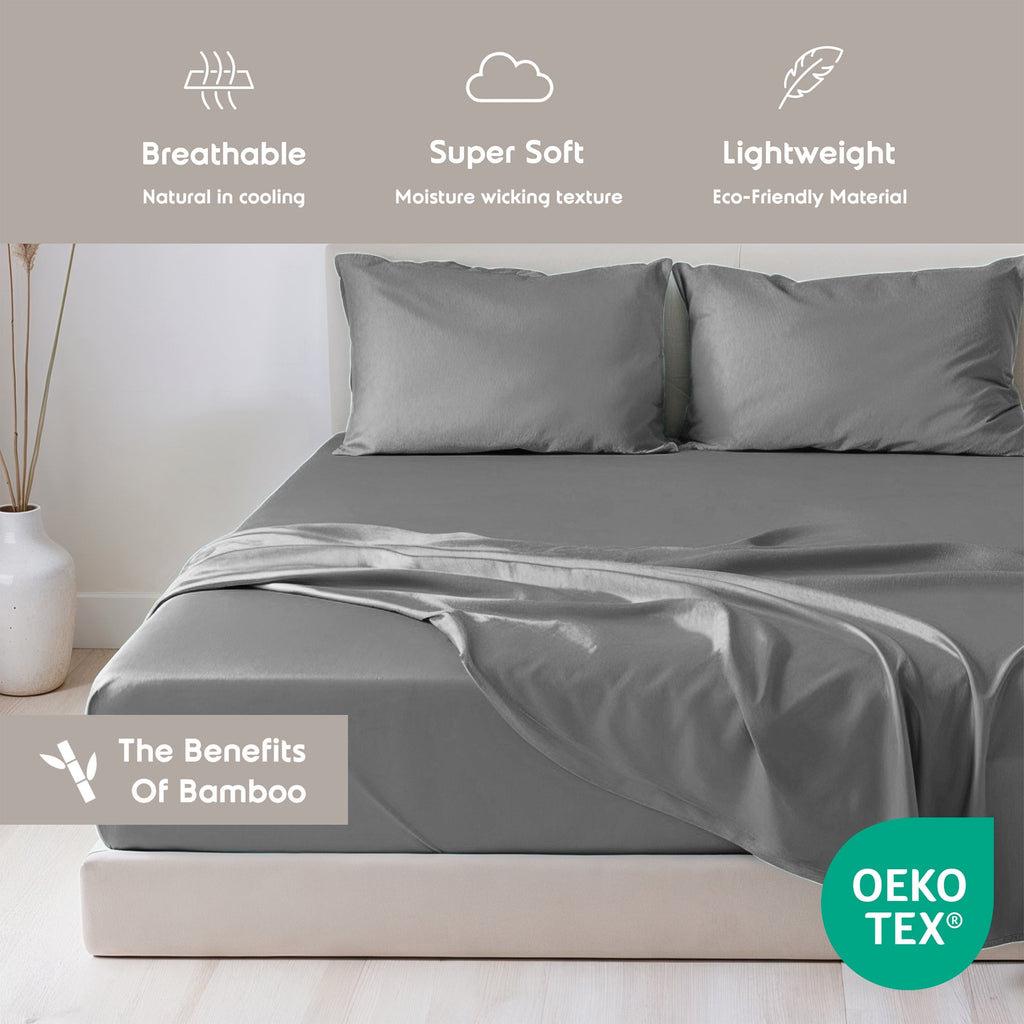 Cooling Sateen Virtu Bed Sheets Set, Deep Pocket Rayon Derived 4 Piece Queen Sheets sets, Gray - Breathable Egyptian Cotton Flat & Fitted Sheets Detail
