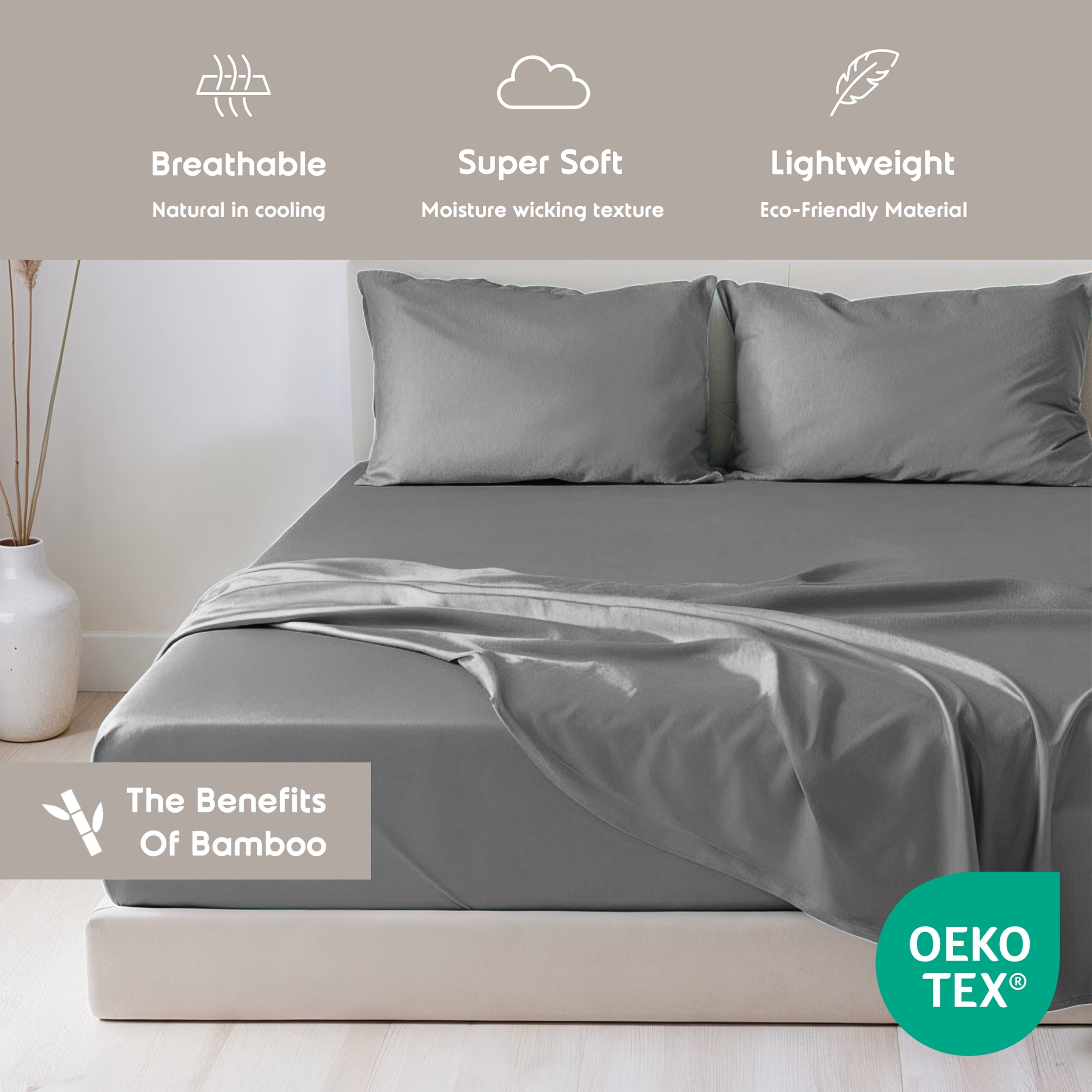 Cooling Sateen Virtu Bed Sheets Set, Deep Pocket Rayon Derived 4 Piece Queen Sheets sets, Gray - Breathable Egyptian Cotton Flat & Fitted Sheets Detail