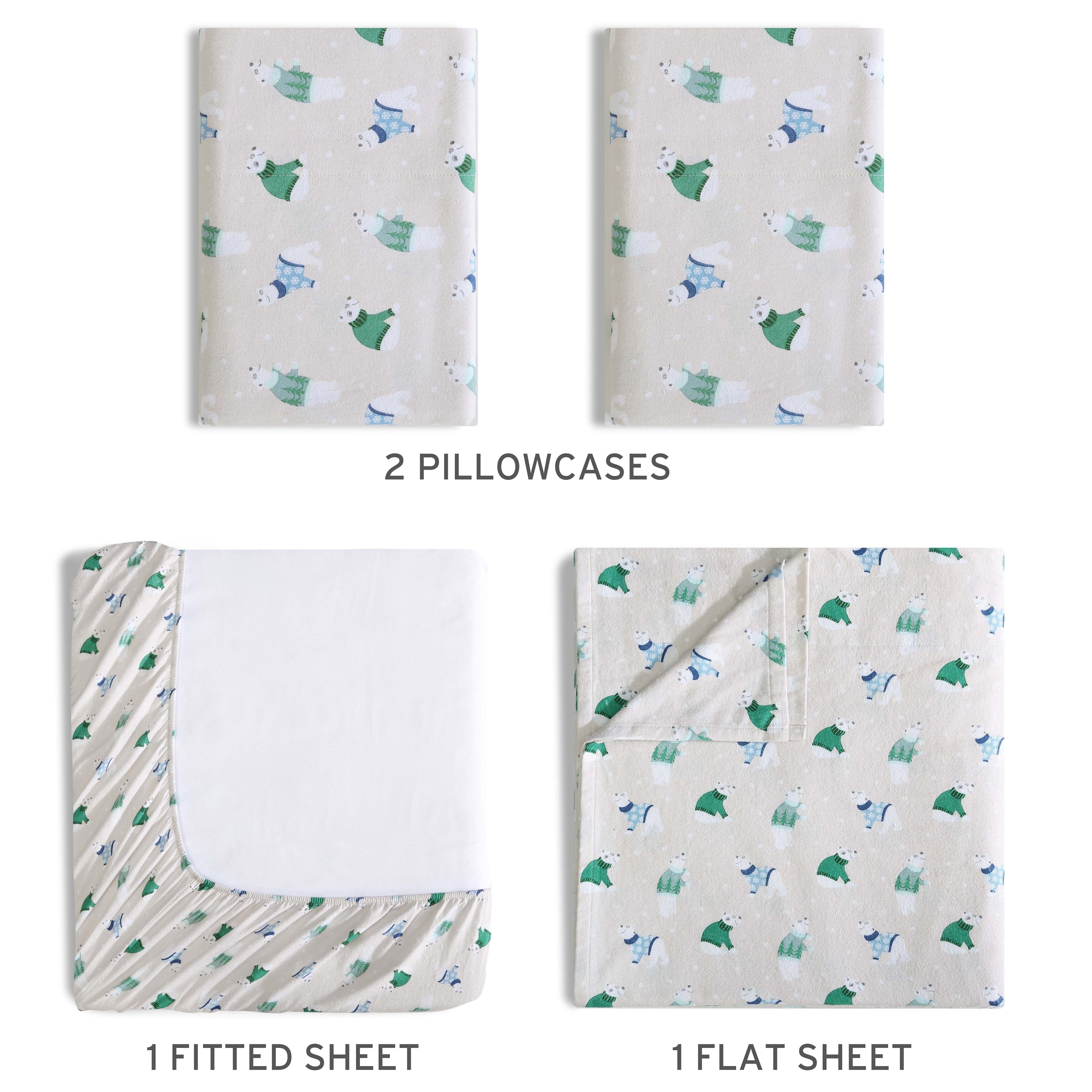 Cooling Sateen Winter Nights Cotton Flannel Sheet Set, King, Holiday Bears - Premium Ultra-Soft Pillowcase Pair for Sleeping Detail