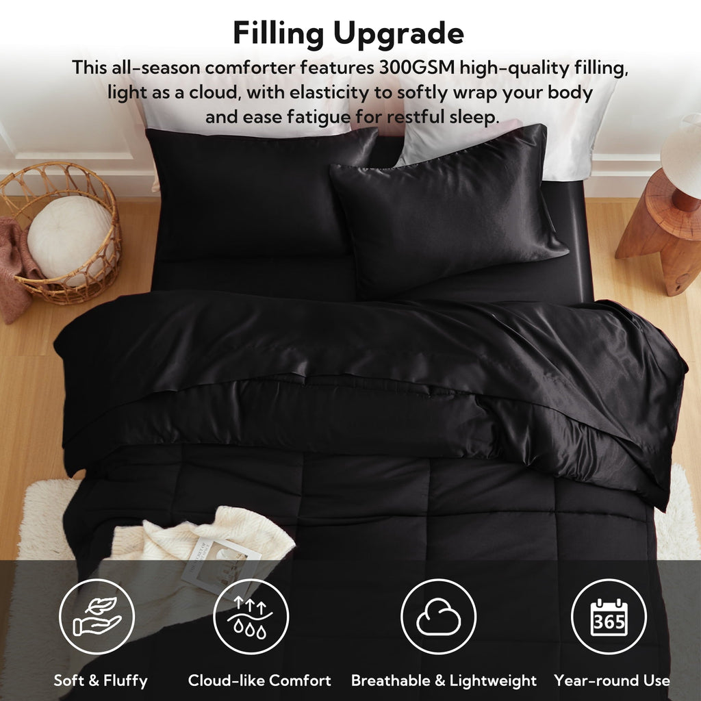 Fluffy Down Alternative Reversible Satin Microfiber Comforter 3 Pieces Queen Size, Black Queen Comforter Set for All Seasons, Silky Soft Sati... - Cloud-Like Soft Lightweight Bed Comforter Detail