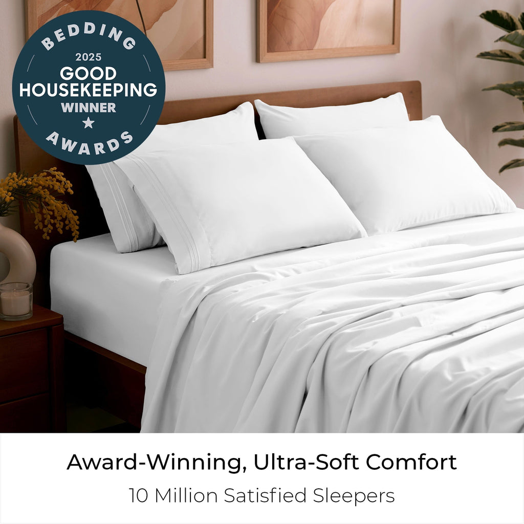 Ultra-Soft Iconic 6 Piece Bed Sheet Set Brushed Microfiber, Deep Pocket, Queen, White - Luxury Bed Sheet Set with Deep Pockets Detail
