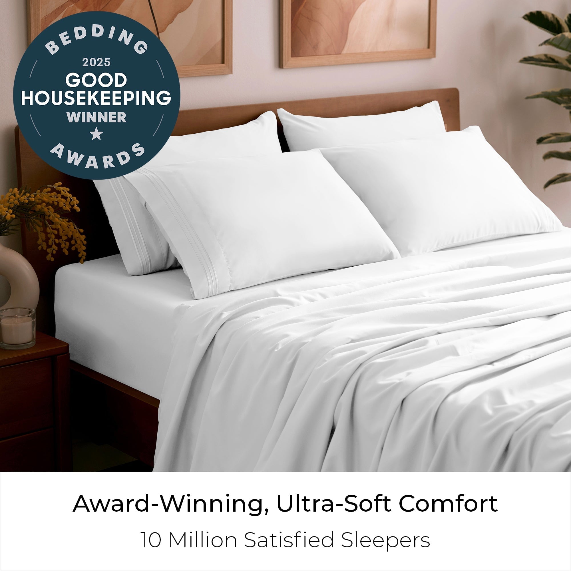 Ultra-Soft Iconic 6 Piece Bed Sheet Set Brushed Microfiber, Deep Pocket, Queen, White - Luxury Bed Sheet Set with Deep Pockets Detail