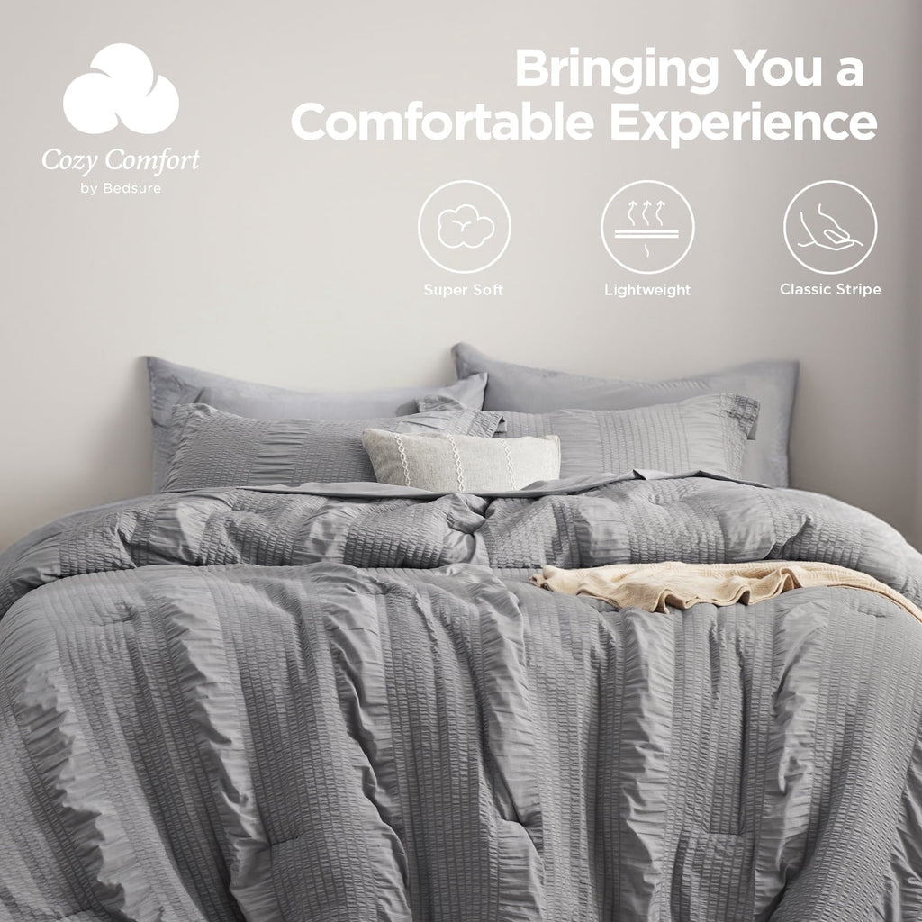 Hypoallergenic Cloud Twin Comforter Sets 5 Pieces Stripes Seersucker Bedding Set, Bed in a Bag with Soft Comforter & Sheets, Pillowcase & ... - Cloud-Like Soft Lightweight Bed Comforter Detail