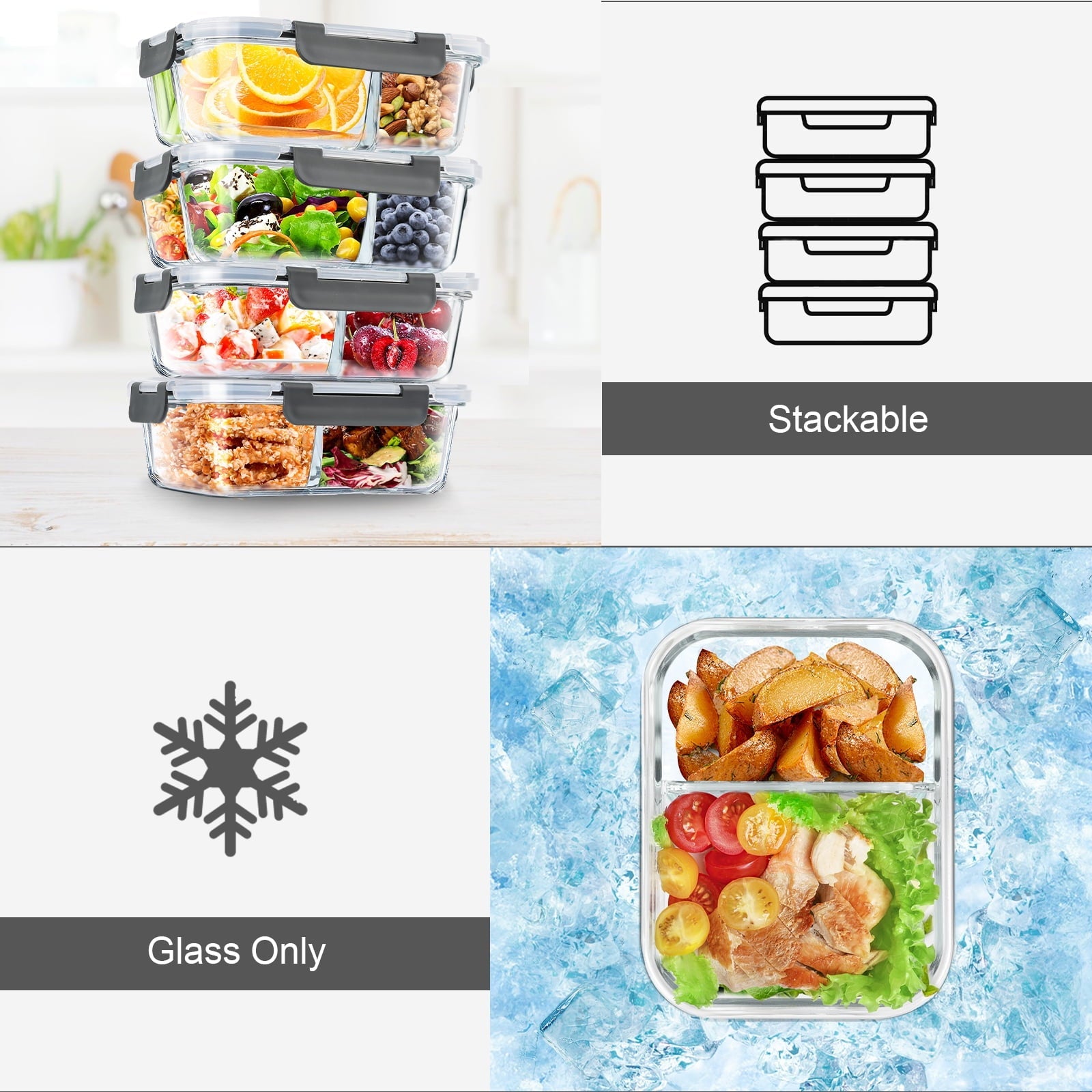 Playful Geometric 8 Pcs Glass Food Storage Containers with Lids, 2 & 3 Compartment Glass Airtight Meal Prep Containers (4 Containers & ... - Playful Star & Heart Shaped Geometric NeeDoh Detail