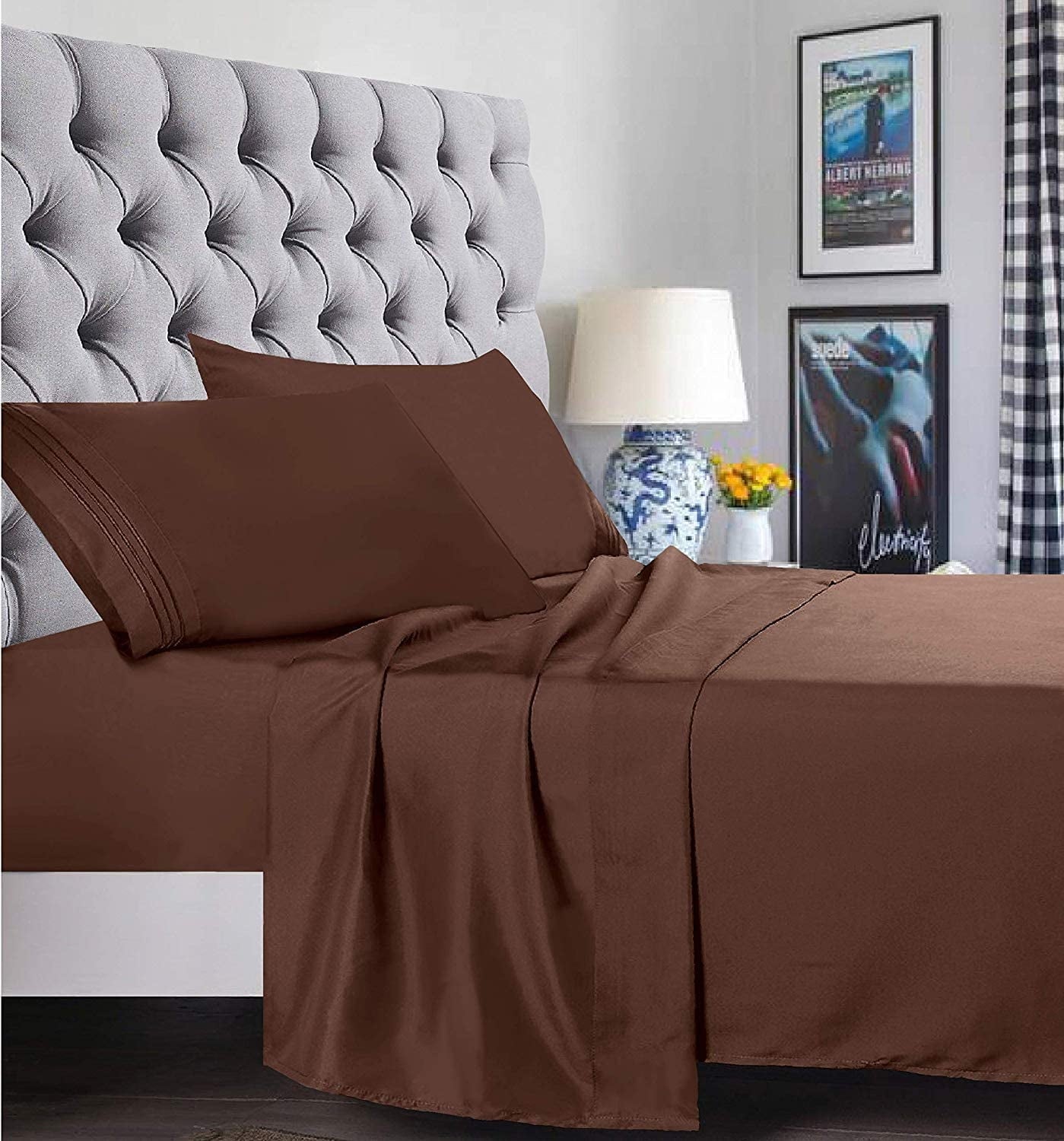 Ultra-Soft 1500 Series Microfiber Bed Sheets 4-Piece Set, Deep Pocket, Twin/Twin XL Chocolate Brown - Breathable Egyptian Cotton Flat & Fitted Sheets Detail