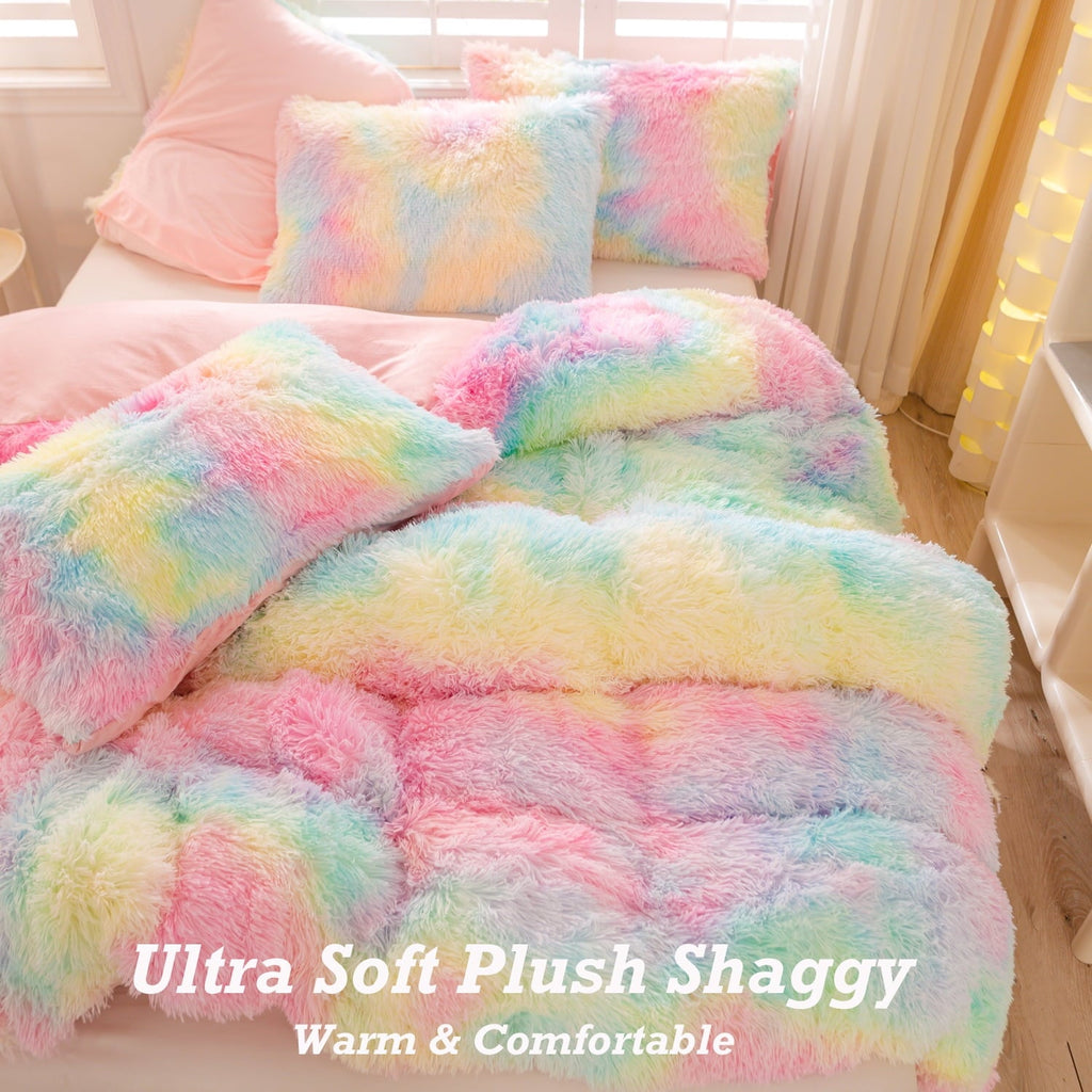 Hypoallergenic Cloud 3Pcs Pink Faux Fur Twin Comforter Set for Girls Tie Dye Rainbow Kid Bed Set Plush Shaggy Bedding Sets Fuzzy Bed Comfo... - Hypoallergenic Ultra-Fluffy Quilt for Winter Detail