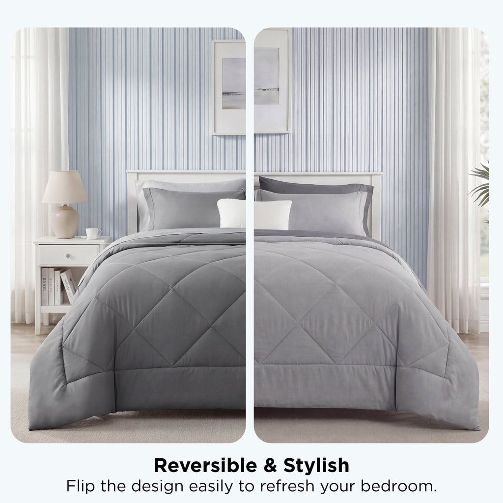 All-Season Queen Reversible Comforter Set - 7 Pieces Grey Bedding, Bed in a Bag with Alternative Comforter, Sheets, Pillowcases ... - Luxurious Quilted Duvet Cover Set Detail