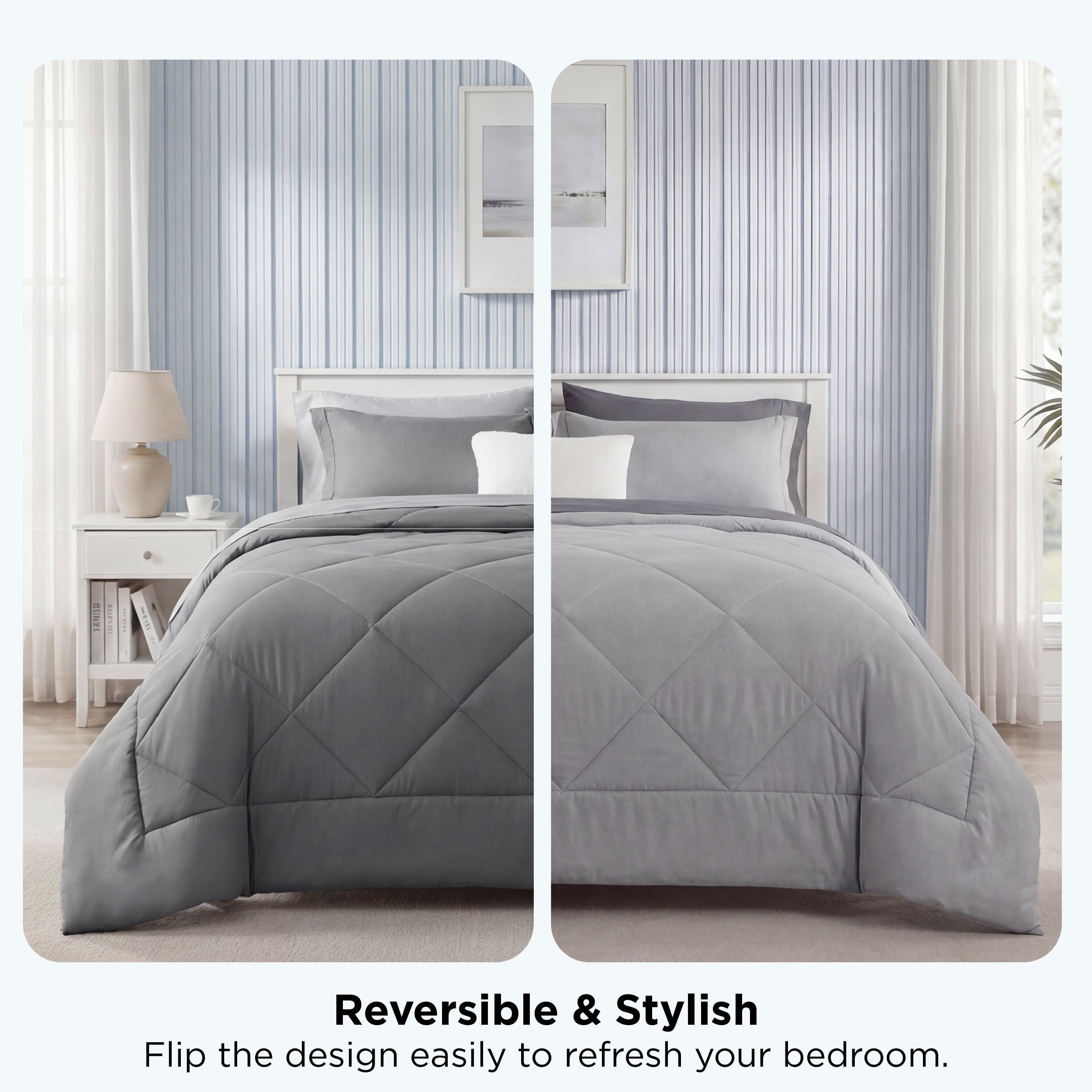 All-Season Queen Reversible Comforter Set - 7 Pieces Grey Bedding, Bed in a Bag with Alternative Comforter, Sheets, Pillowcases ... - Luxurious Quilted Duvet Cover Set Detail