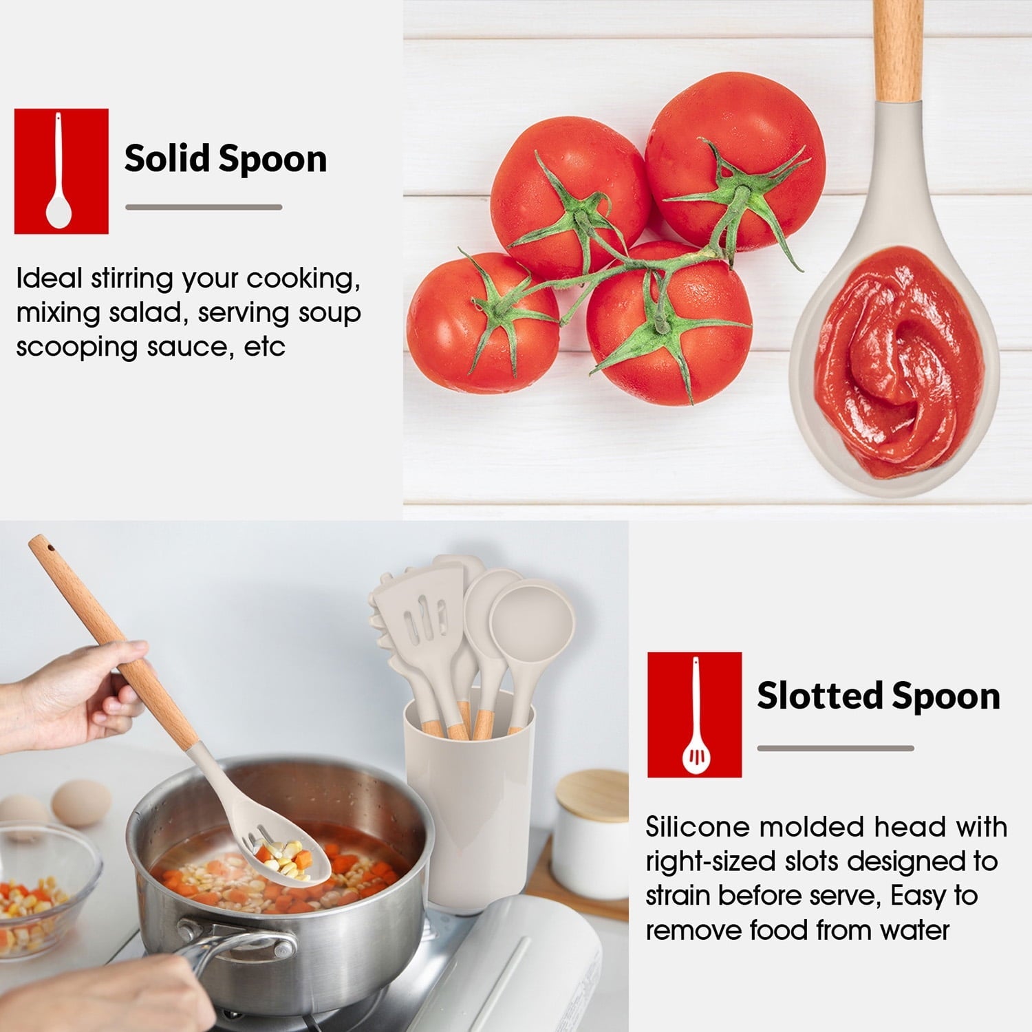 Durable Steel Kitchen Utensils Set of 6, Silicone Cooking Utensils with Wooden Handle, Non-Stick Cookware & Heat Resistant, Include... - Multi-Purpose Hand Tool for Daily Meal Prep Detail