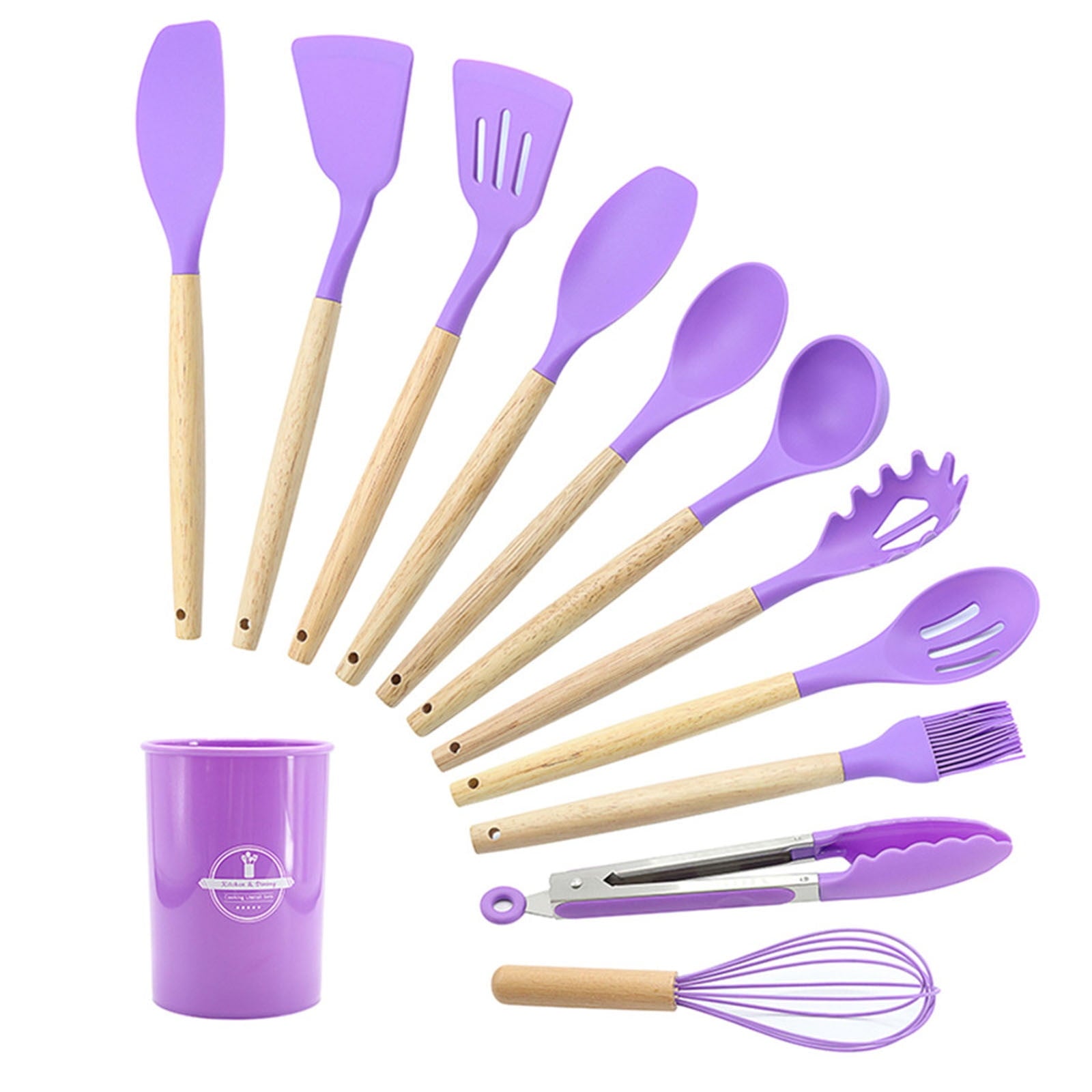 Non-Stick Safe 12Pcs Cooking Kitchen Utensils Set with Holder,Wooden Handles Cooking Tool,BPA Free,Non Toxic Turner Tongs Spa... - Ergonomic Kitchen Tongs and Cooking Spoon Utensil Detail