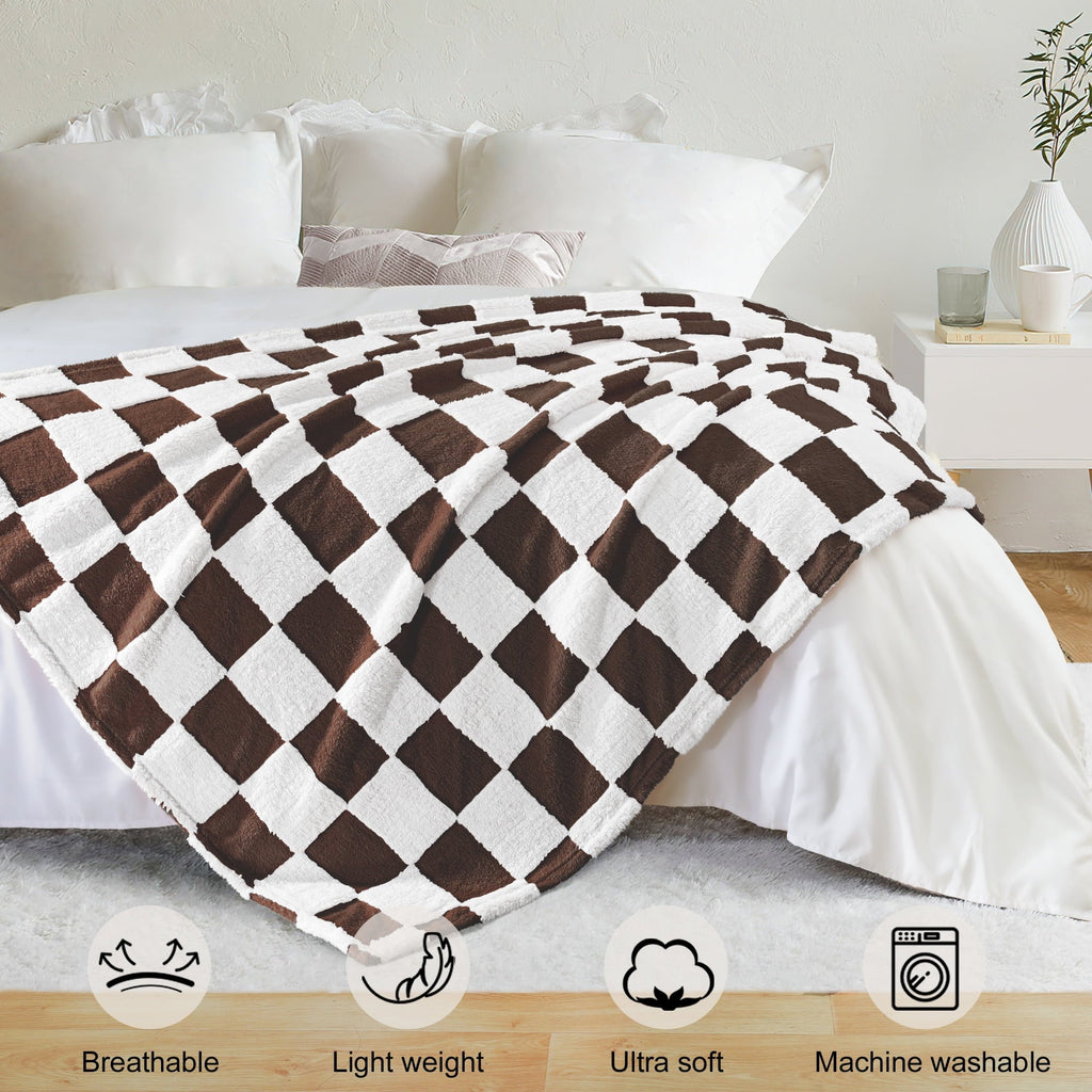 Super Soft Flannel Checkered Throw Blanket, Super Soft and Warm Fluffy Fleece Blanket for Couch, Sofa, Bed, Cute Plaid Pattern, Coffee, ... - Cozy Fleece Throw Blanket for Couch & Bed Detail