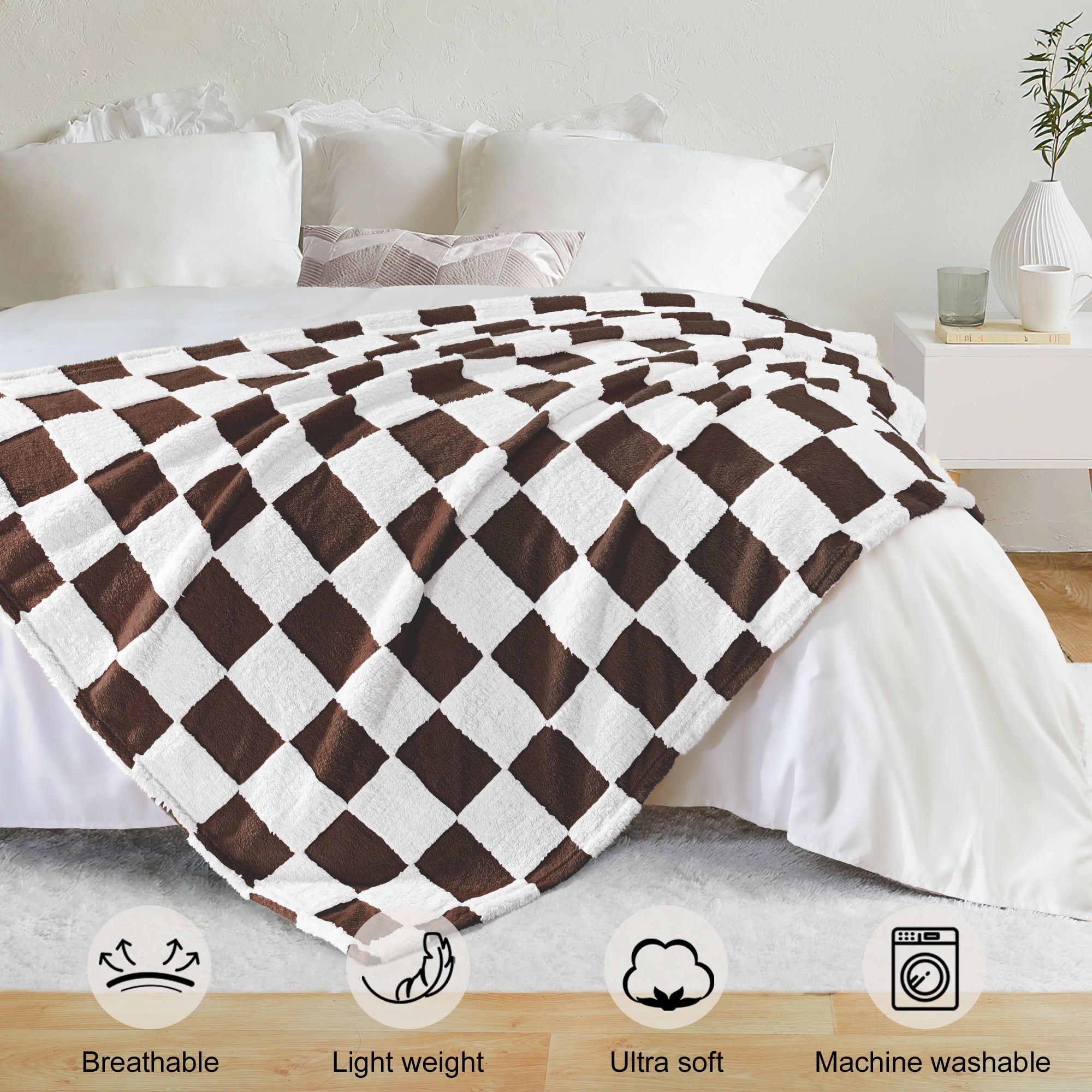 Super Soft Flannel Checkered Throw Blanket, Super Soft and Warm Fluffy Fleece Blanket for Couch, Sofa, Bed, Cute Plaid Pattern, Coffee, ... - Cozy Fleece Throw Blanket for Couch & Bed Detail