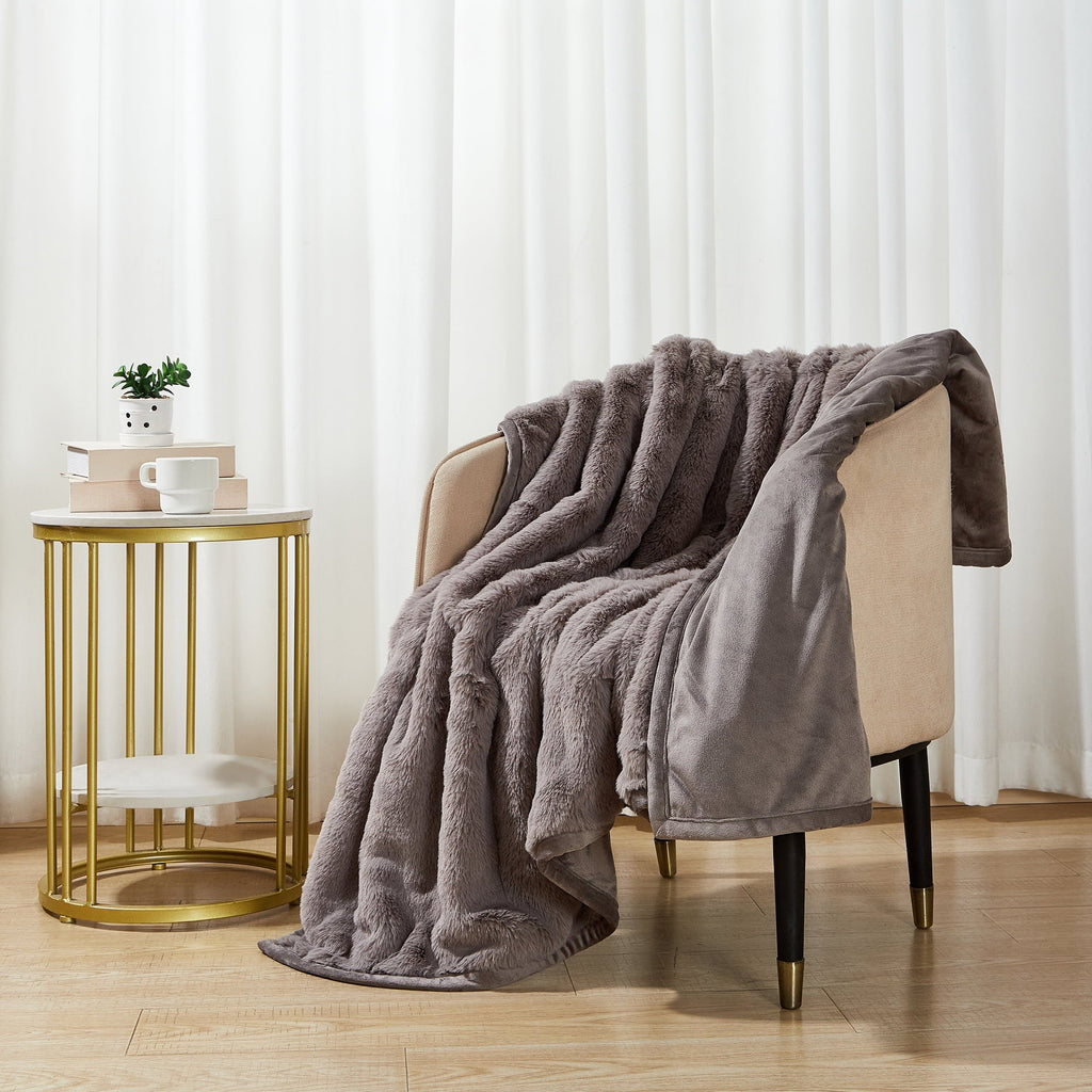 Reversible Sherpa Grey Faux Fur Ultra Soft Luxury Oversized Throw Blanket 50" x 72", Grey Bisque - Luxury Knitted Decorative Throw Blanket with Fringes Detail