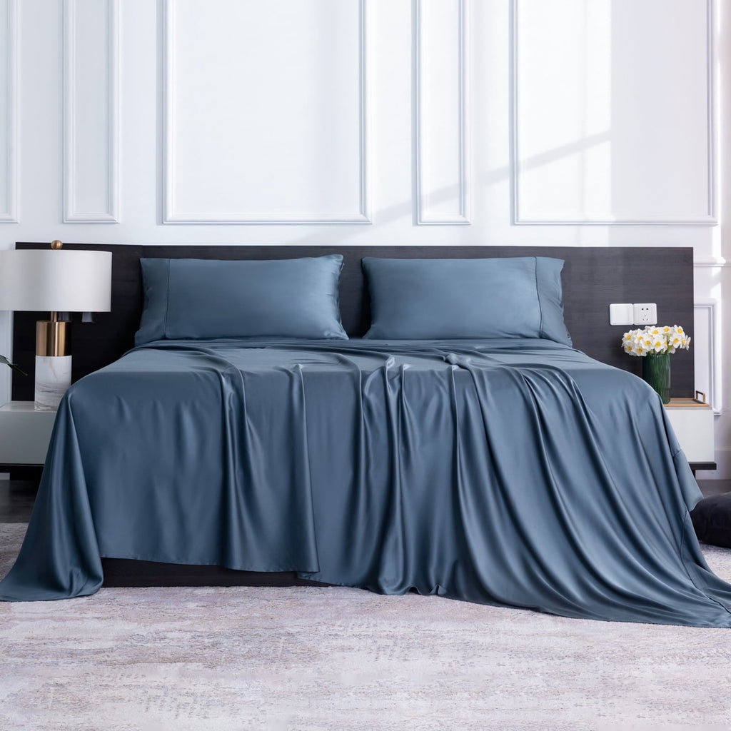 Cooling Sateen Luxury Bamboo Bed Sheets Set Full 4 Pcs for Adult,Soft&Cool,16" Deep Pocket,Blue Gray - Premium Ultra-Soft Pillowcase Pair for Sleeping Detail