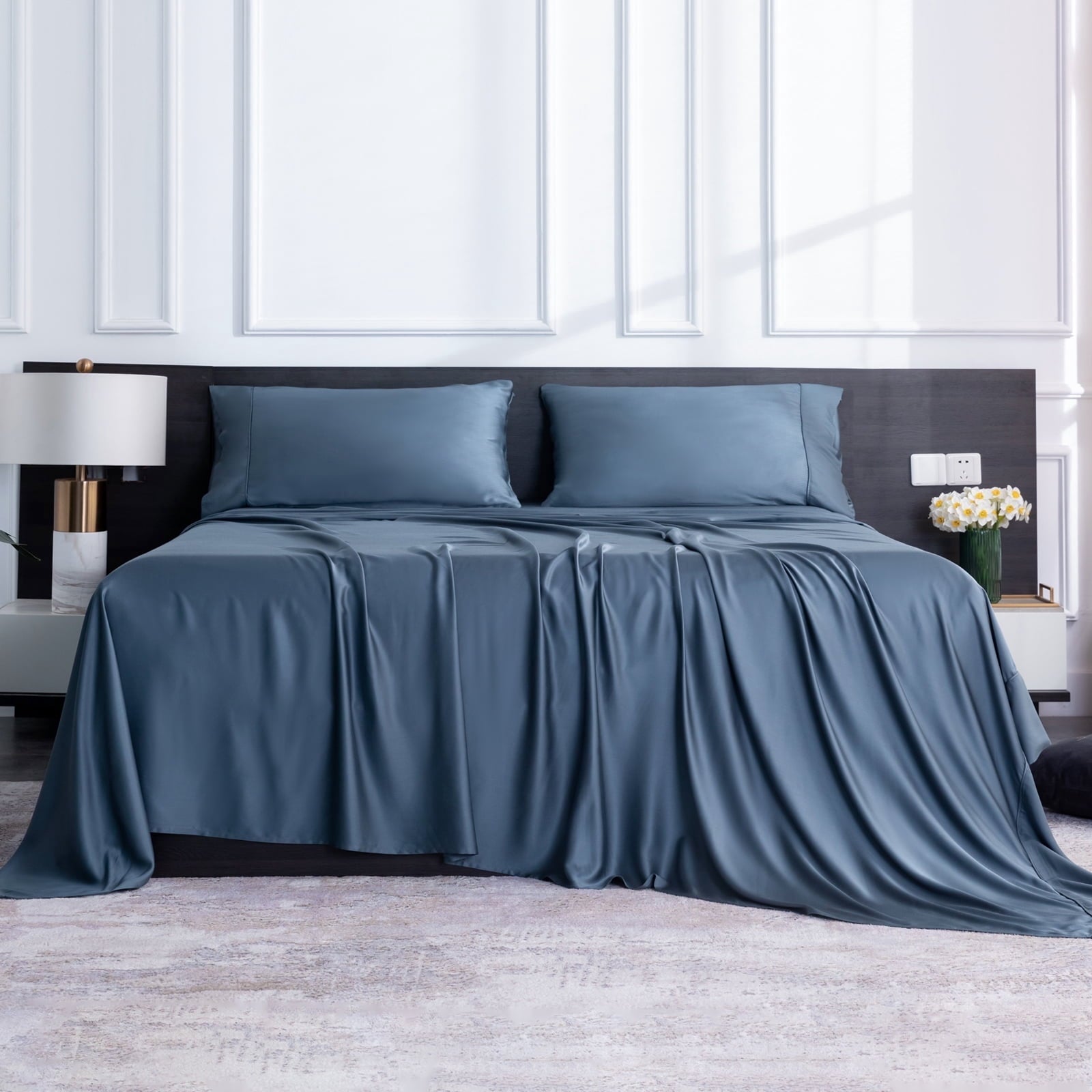 Cooling Sateen Luxury Bamboo Bed Sheets Set Full 4 Pcs for Adult,Soft&Cool,16" Deep Pocket,Blue Gray - Premium Ultra-Soft Pillowcase Pair for Sleeping Detail