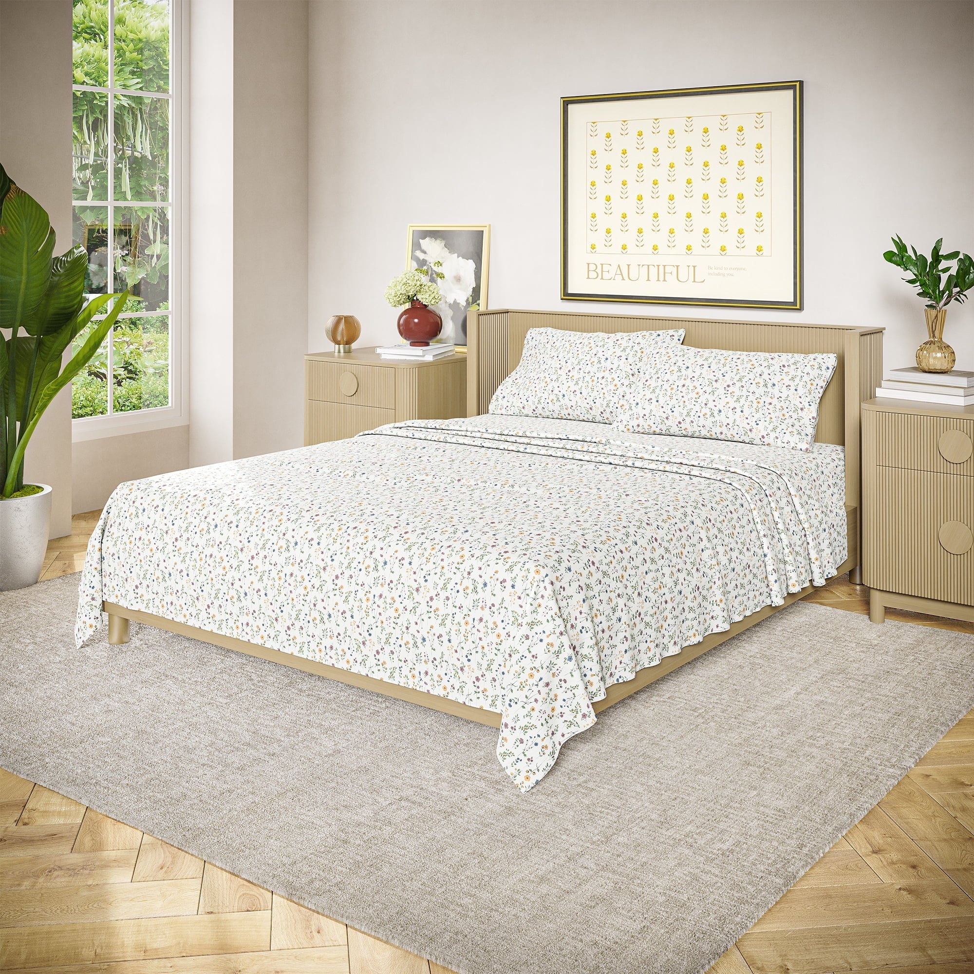 Cooling Sateen Botanical 4-Piece 100% Cotton Washed Percale White Sheet Set, Queen - Breathable Egyptian Cotton Flat & Fitted Sheets Detail