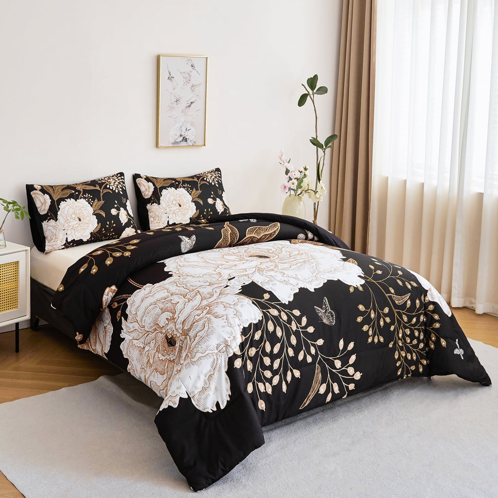 Luxurious Quilted Black Floral Comforter Set Queen, Printed Comforter White Flowers Butterfly Bedding Set, 3 Pieces Botanical Reversibl... - Hypoallergenic Ultra-Fluffy Quilt for Winter Detail
