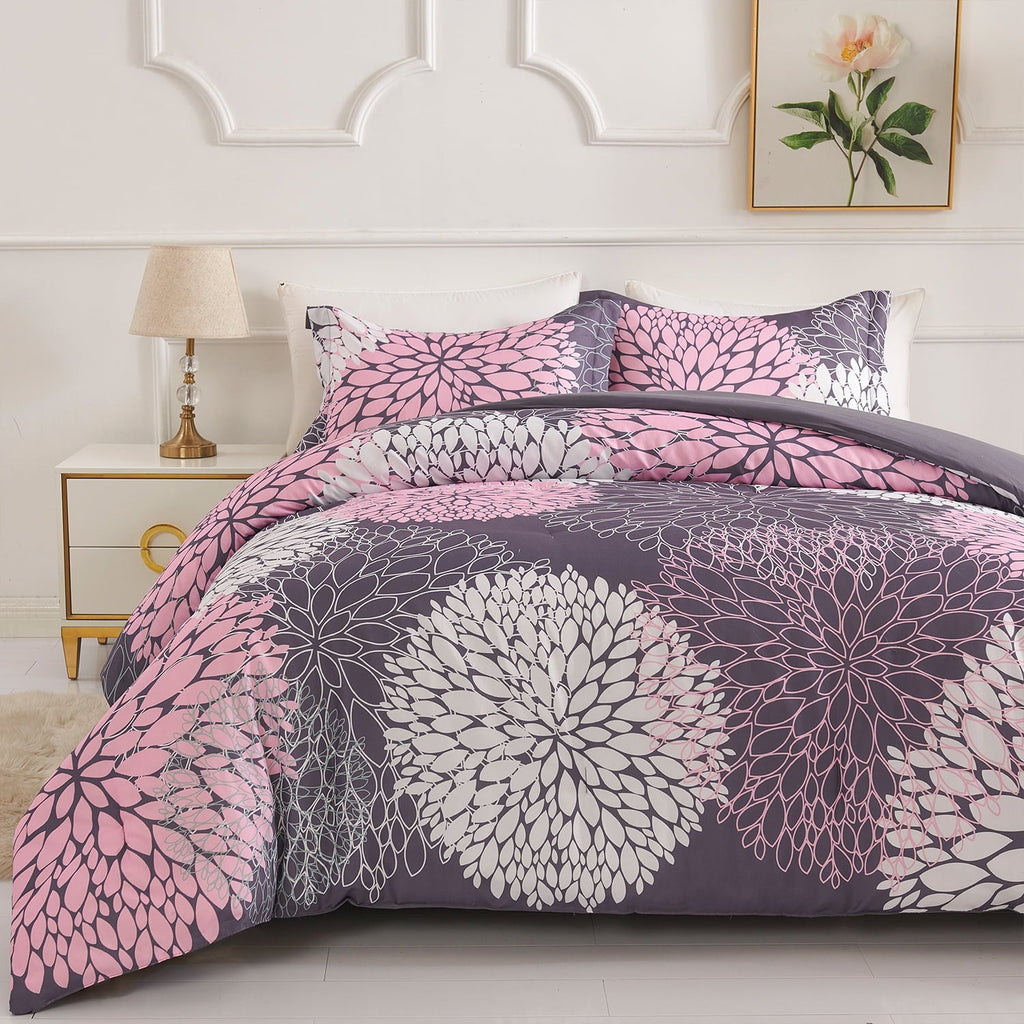 Luxurious Quilted 2 Pieces Pink Floral Comforter Set Twin Size, Botanical Bedding Sets with Cute Flowers Printing for Teen Girls - All-Season Down Alternative Comforter Insert Detail