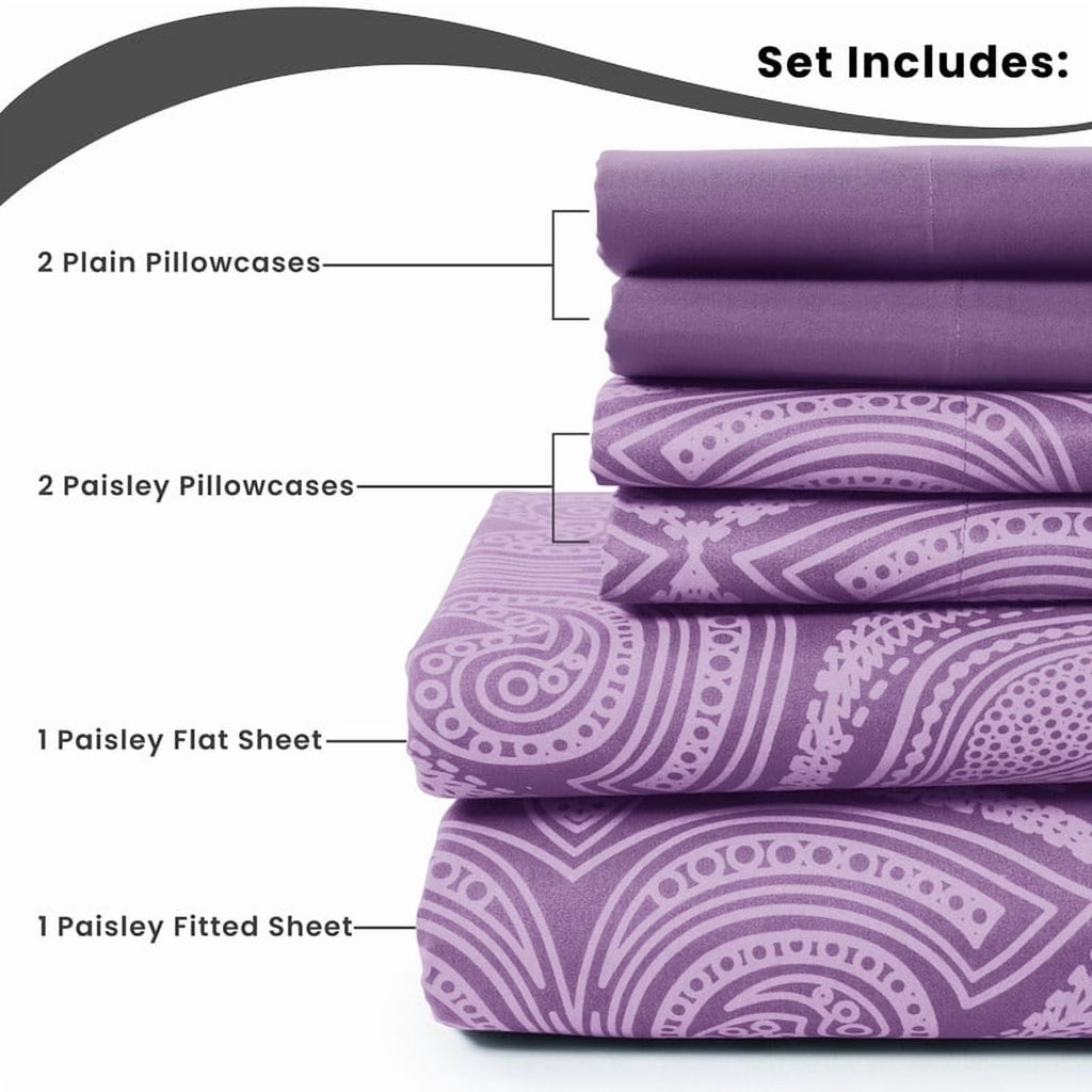Wrinkle-Resistant Paisley Printed Queen Bed Sheets Set, Microfiber 6 Piece Bedding Set - Purple - Luxury Bed Sheet Set with Deep Pockets Detail