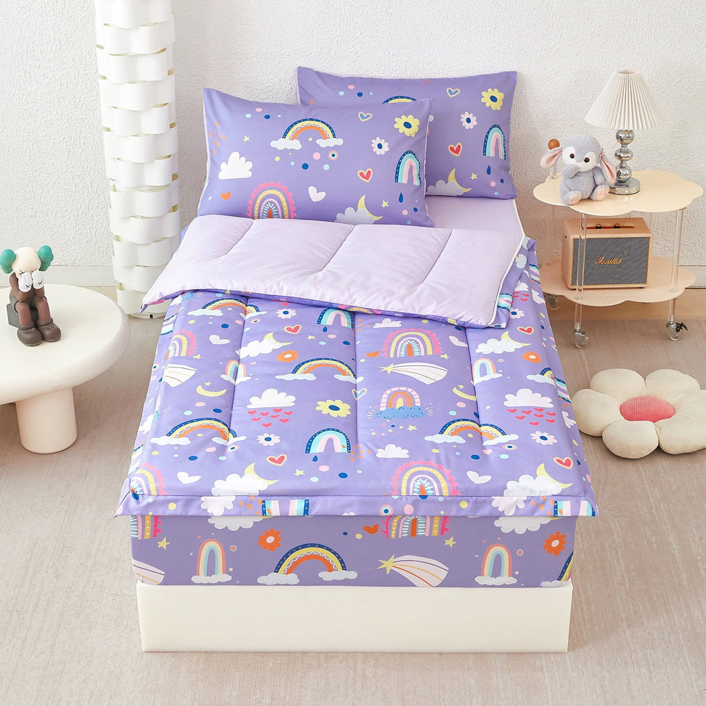 Heavyweight Warmth Zipper Kids Comforter Set, 3-Piece Purple Twin Bed in a Bag, Cartoon Rainbow Stars Flowers Printed Zip Up Comforter S... - Cloud-Like Soft Lightweight Bed Comforter Detail
