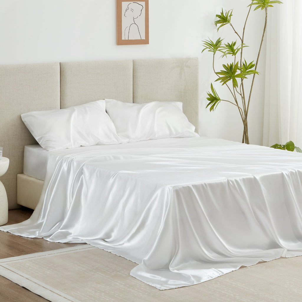 Cooling Sateen Satin Sheets Full Sheet Set Deep Pocket Luxury Silky Bed Sheets for Hair and Skin 4 Pieces, White - Breathable Egyptian Cotton Flat & Fitted Sheets Detail