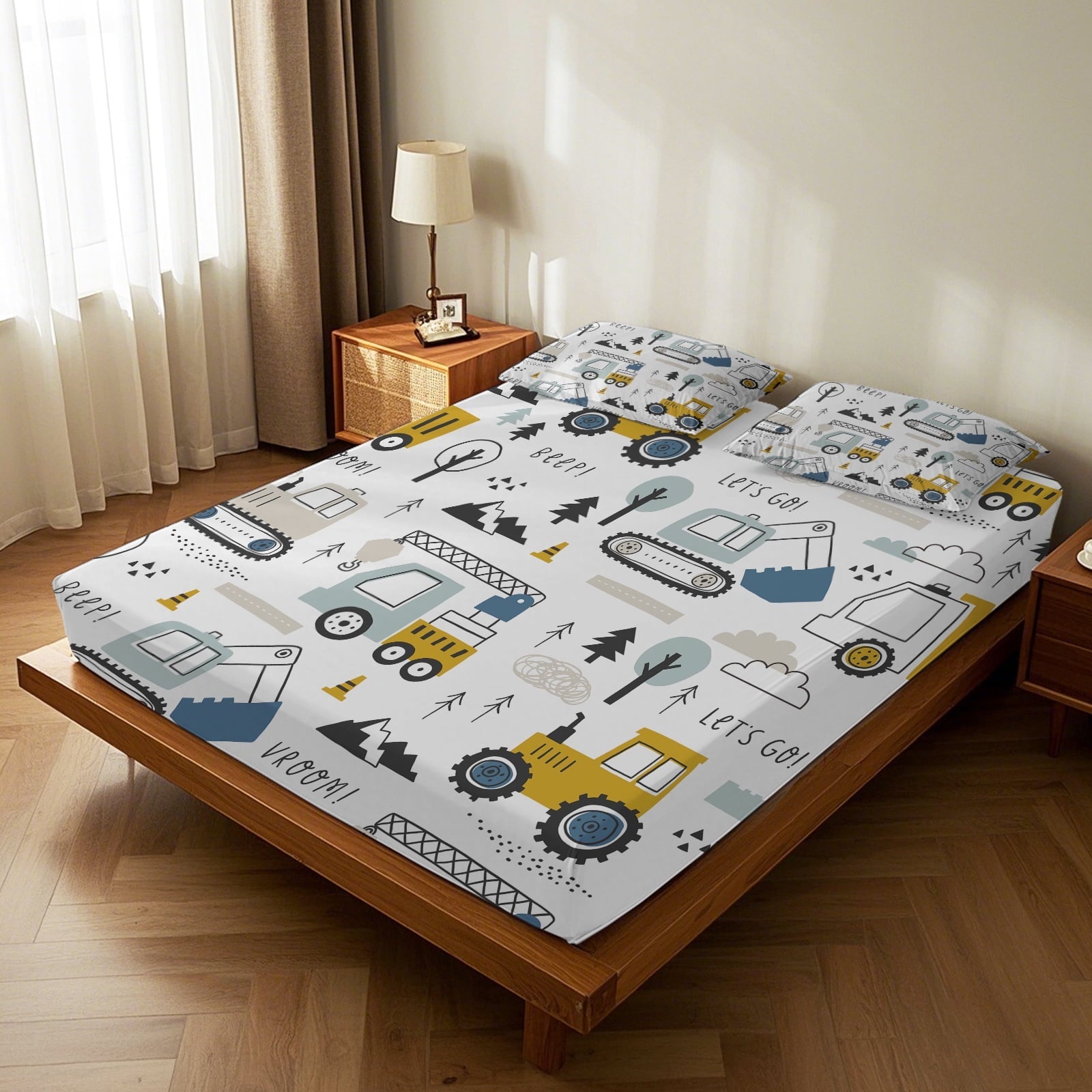 Cooling Sateen Cartoon Excavator Sheet Set for Kids Boys Truck Construction Bedding Set Engineering Vehicle Bed Sheet Sets with 1 Fi... - Luxury Bed Sheet Set with Deep Pockets Detail