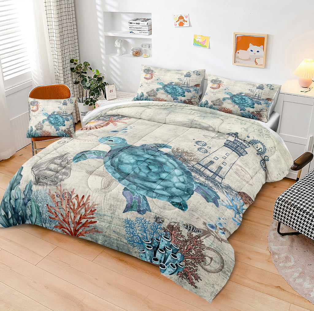Hypoallergenic Cloud Sea Turtle Comforter Set Queen Ocean Beach Bedding Set Soft and Lightweight Retro Style Design Coastal Bedding Set - Cloud-Like Soft Lightweight Bed Comforter Detail