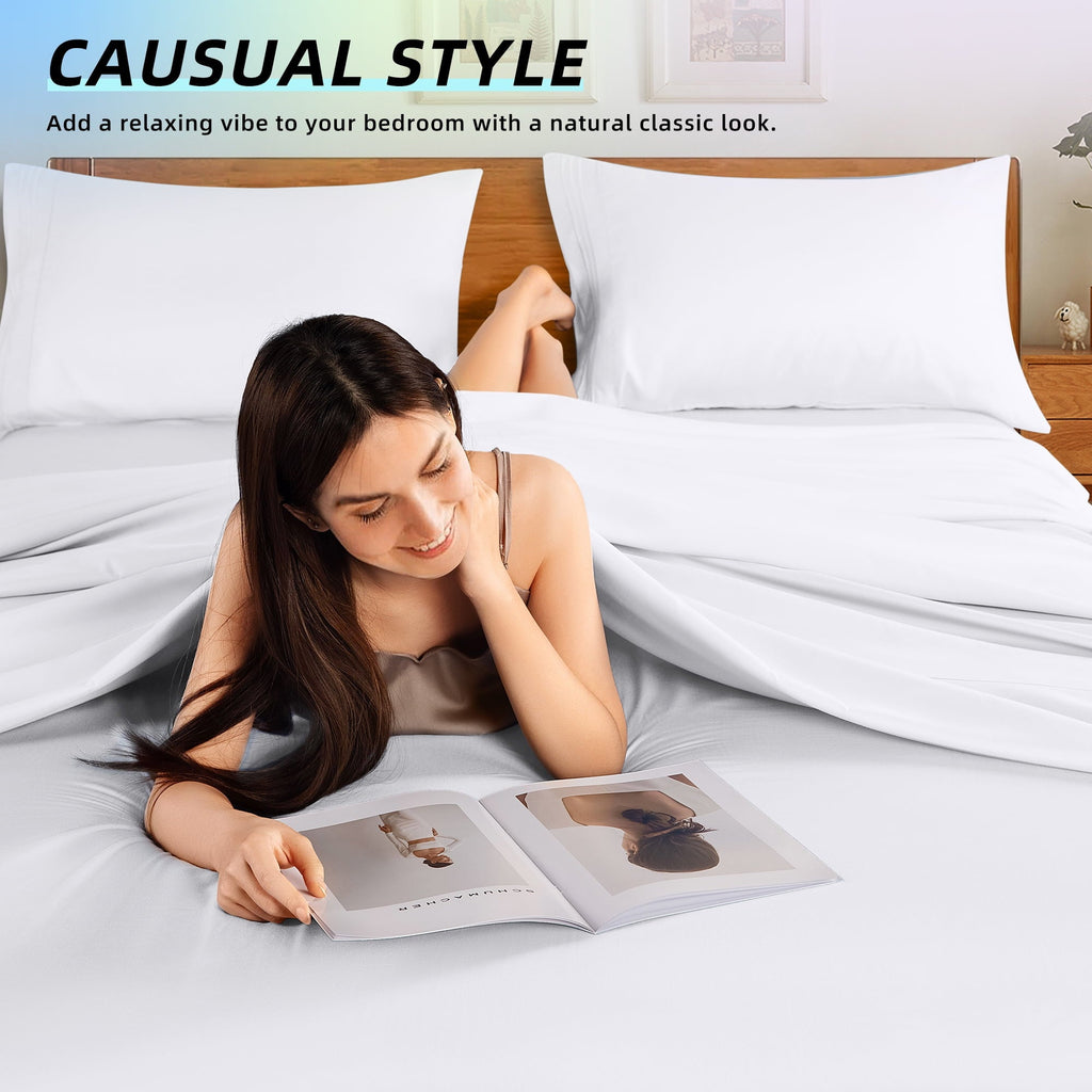 Ultra-Soft Bed Sheets Set, Microfiber Deep Pocket 4 Pieces Luxury Soft Sheet Set, Queen, White - Luxury Bed Sheet Set with Deep Pockets Detail