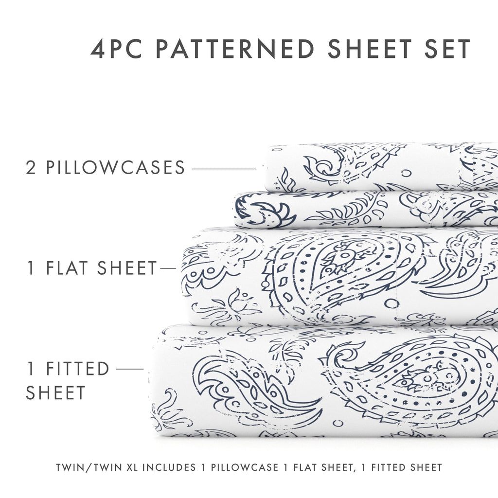 Cooling Sateen 4 Piece Pattern Microfiber Bed Sheets Set, Navy Coarse Paisley, Full - Premium Ultra-Soft Pillowcase Pair for Sleeping Detail