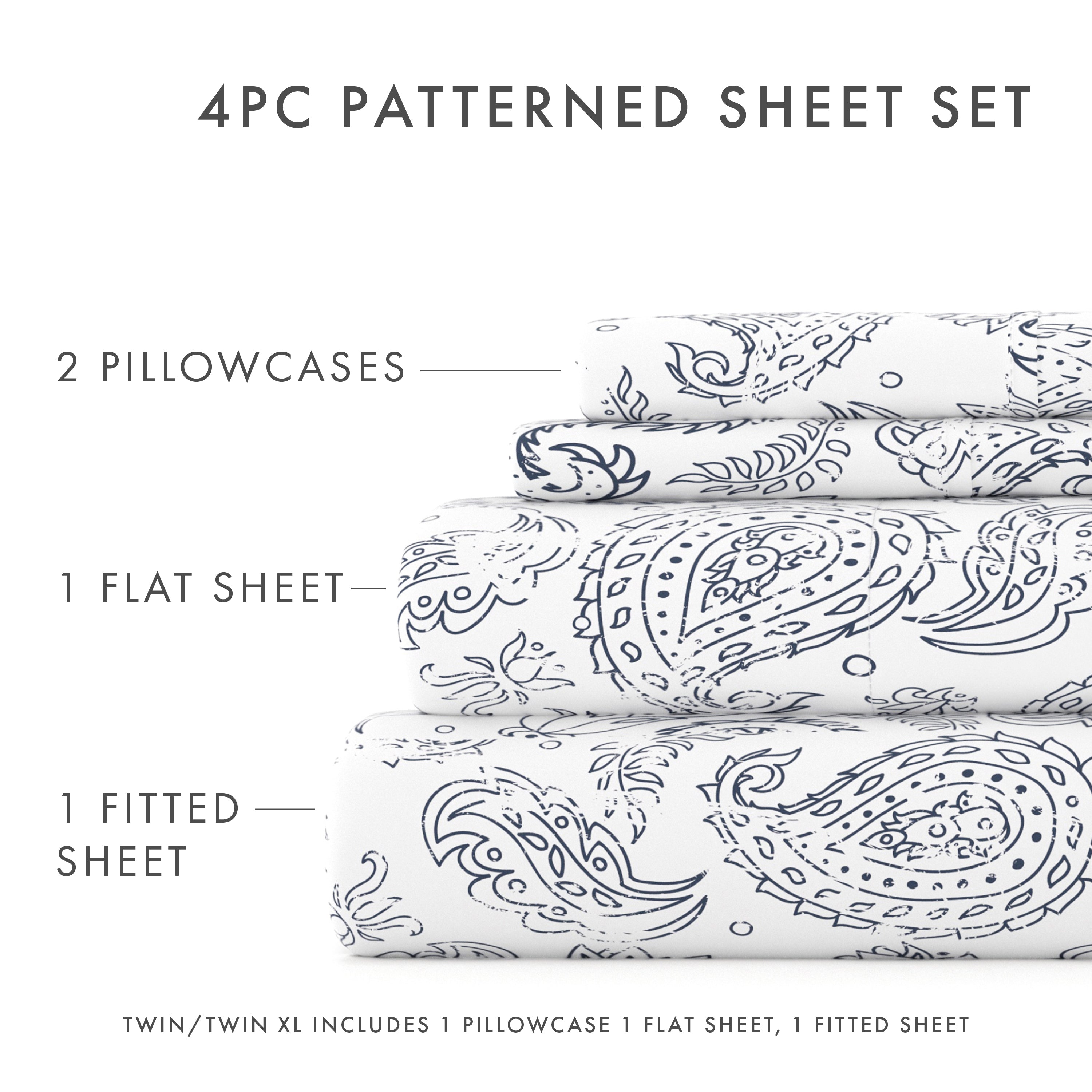 Cooling Sateen 4 Piece Pattern Microfiber Bed Sheets Set, Navy Coarse Paisley, Full - Premium Ultra-Soft Pillowcase Pair for Sleeping Detail