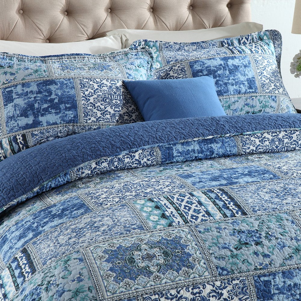 All-Season Quilt Comforter Cotton Bedding Set With Shams, Vintage Blue, King - Hypoallergenic Ultra-Fluffy Quilt for Winter Detail
