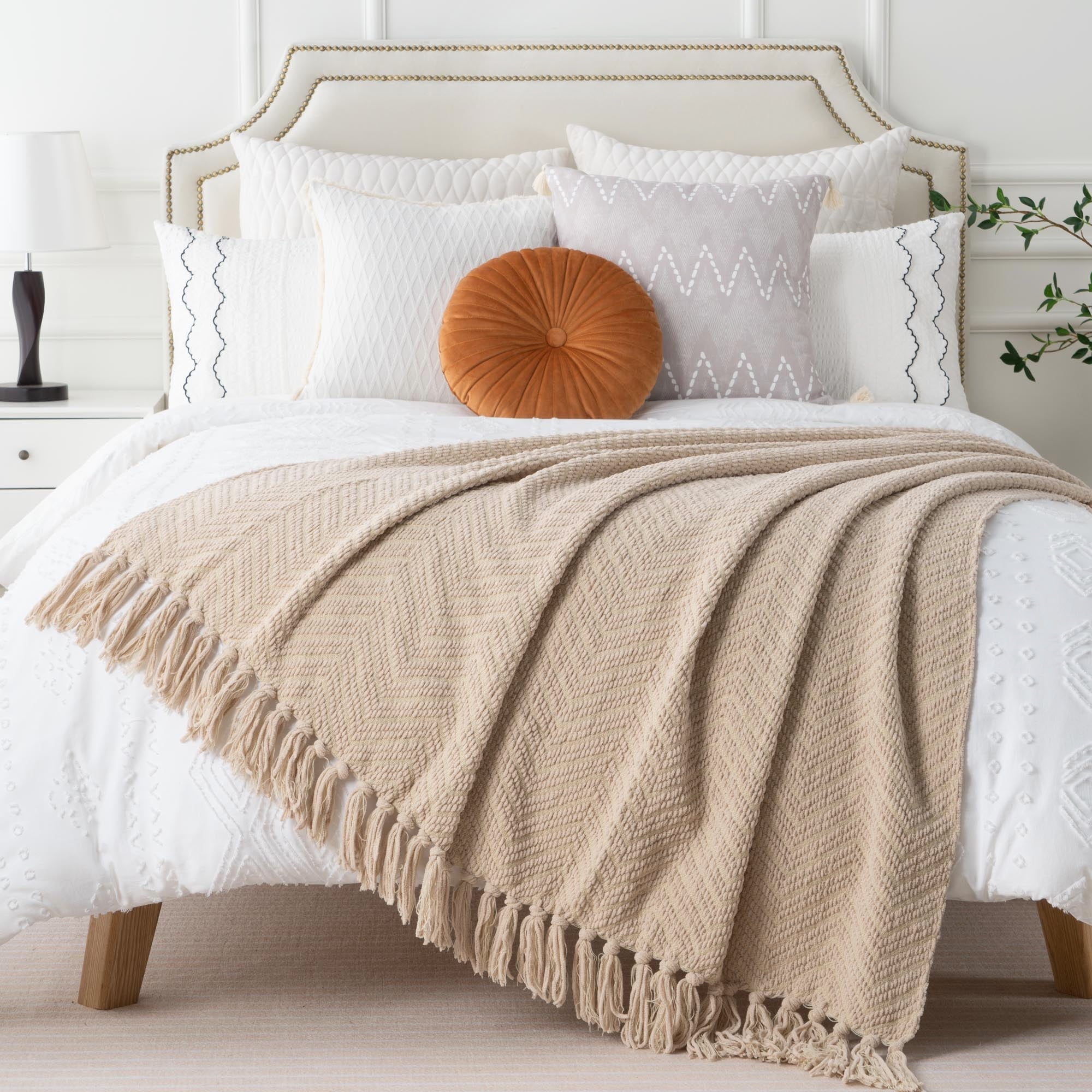 Cozy Fleece Beige Throw Blanket,Textured Knitted Tan Throws with Tassels,Neutral Sofa Bed Throws,50"x60" - Luxury Knitted Decorative Throw Blanket with Fringes Detail