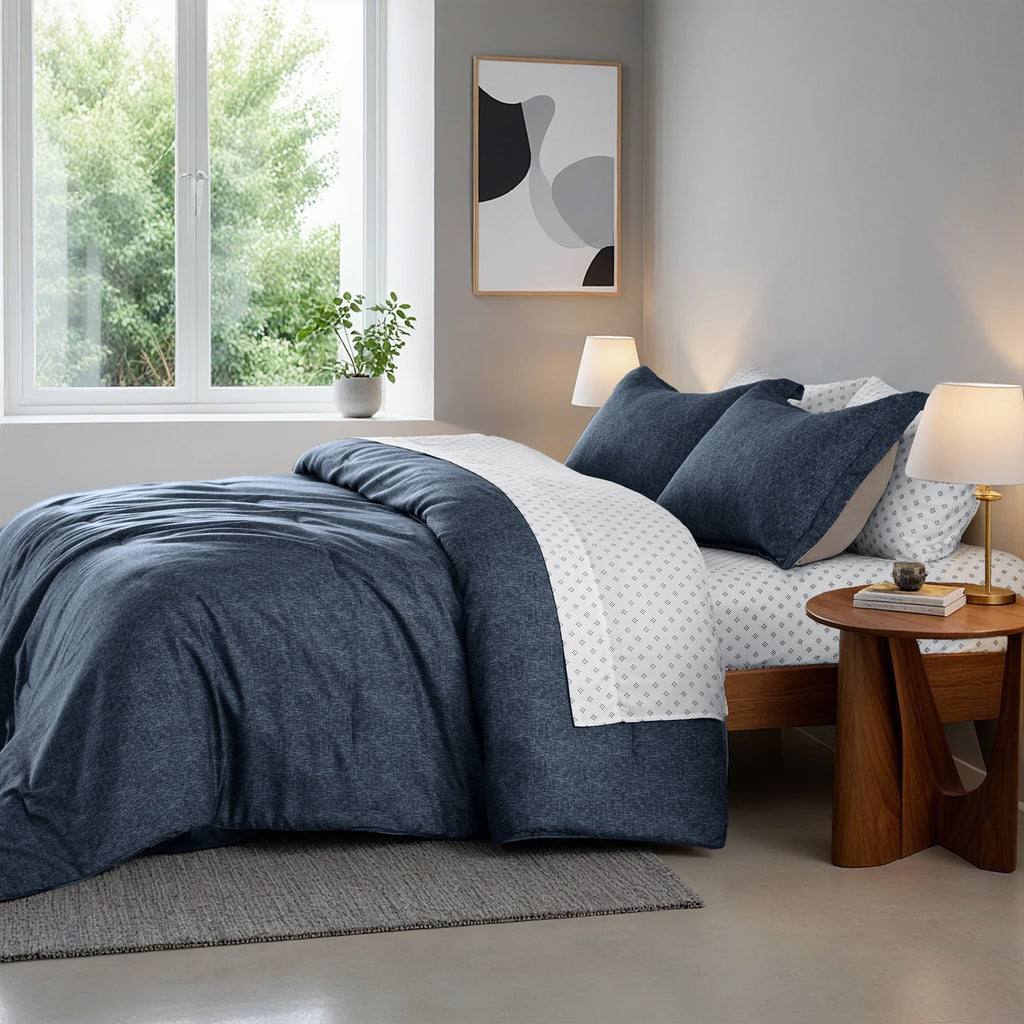 Heavyweight Warmth Queen Size Comforter Set, 7-Piece Reversible Bed in a Bag with Sheets, Navy - Hypoallergenic Ultra-Fluffy Quilt for Winter Detail