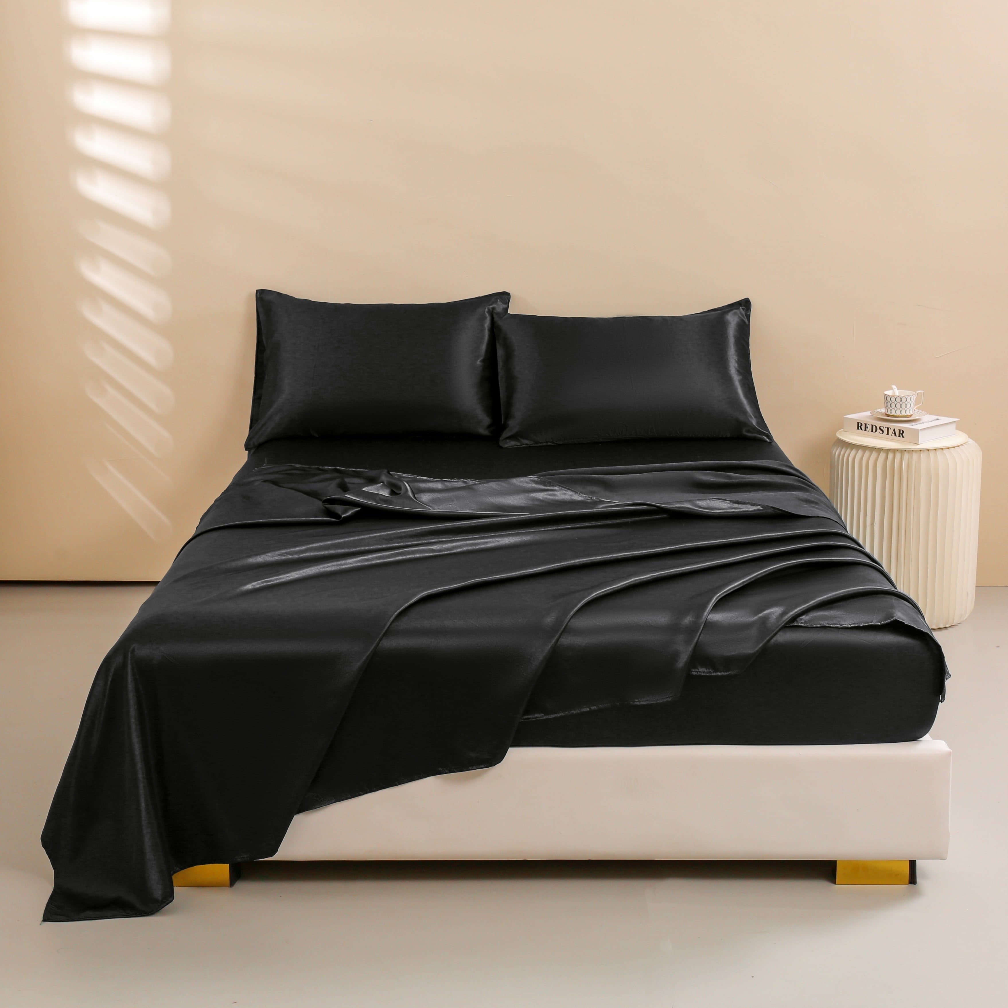 Premium Egyptian Cotton 4Pcs Black Satin Sheets Queen Set Silk Sheets 13" Deep Pocket Ultra Soft silky Bed Sheet Set - Cooling Hotel Quality Bedding Sheets and Pillowcases Detail